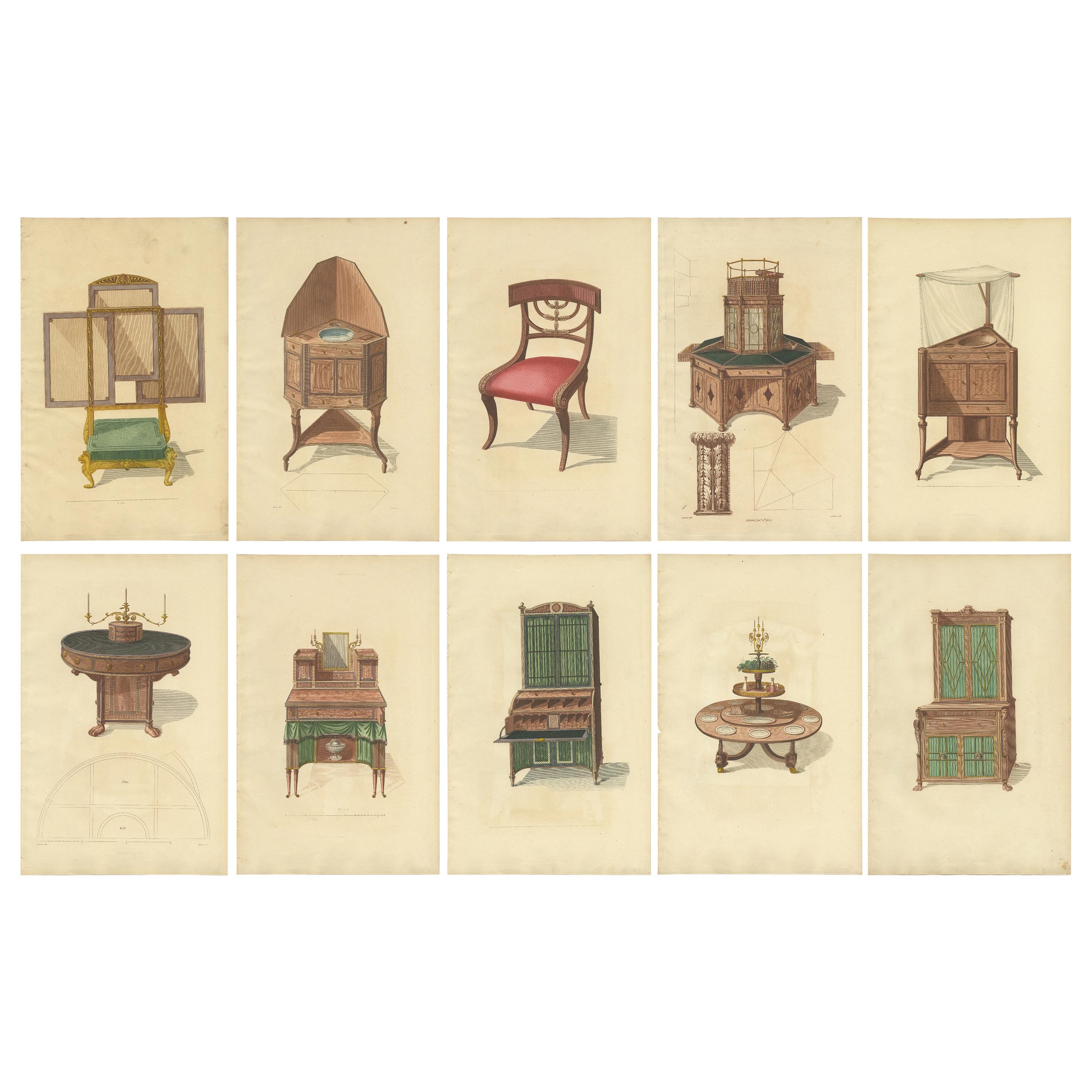 Set of 10 Antique Prints of Cabinets and Other Furniture by Sheraton '1805' For Sale