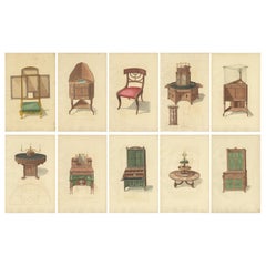 Set of 10 Antique Prints of Cabinets and Other Furniture by Sheraton '1805'