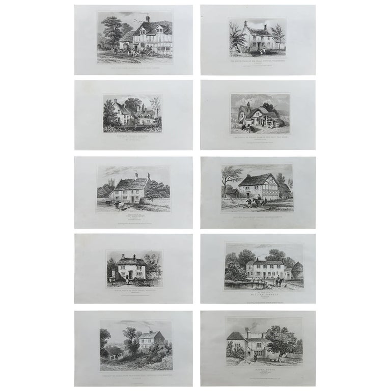 Set of 10 Antique Prints of English Country Cottages, circa 1840 For