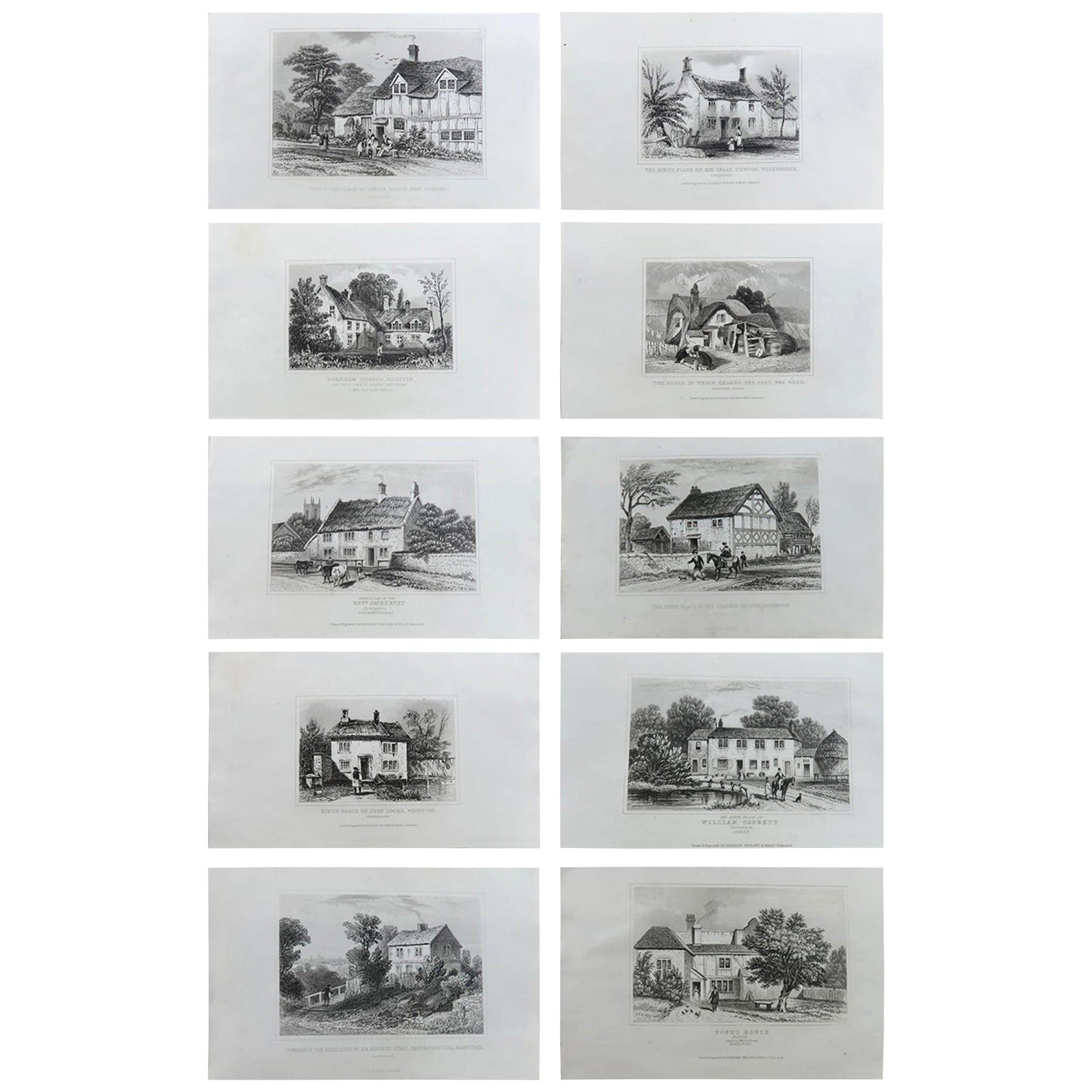 Set of 10 Antique Prints of English Country Cottages, circa 1840