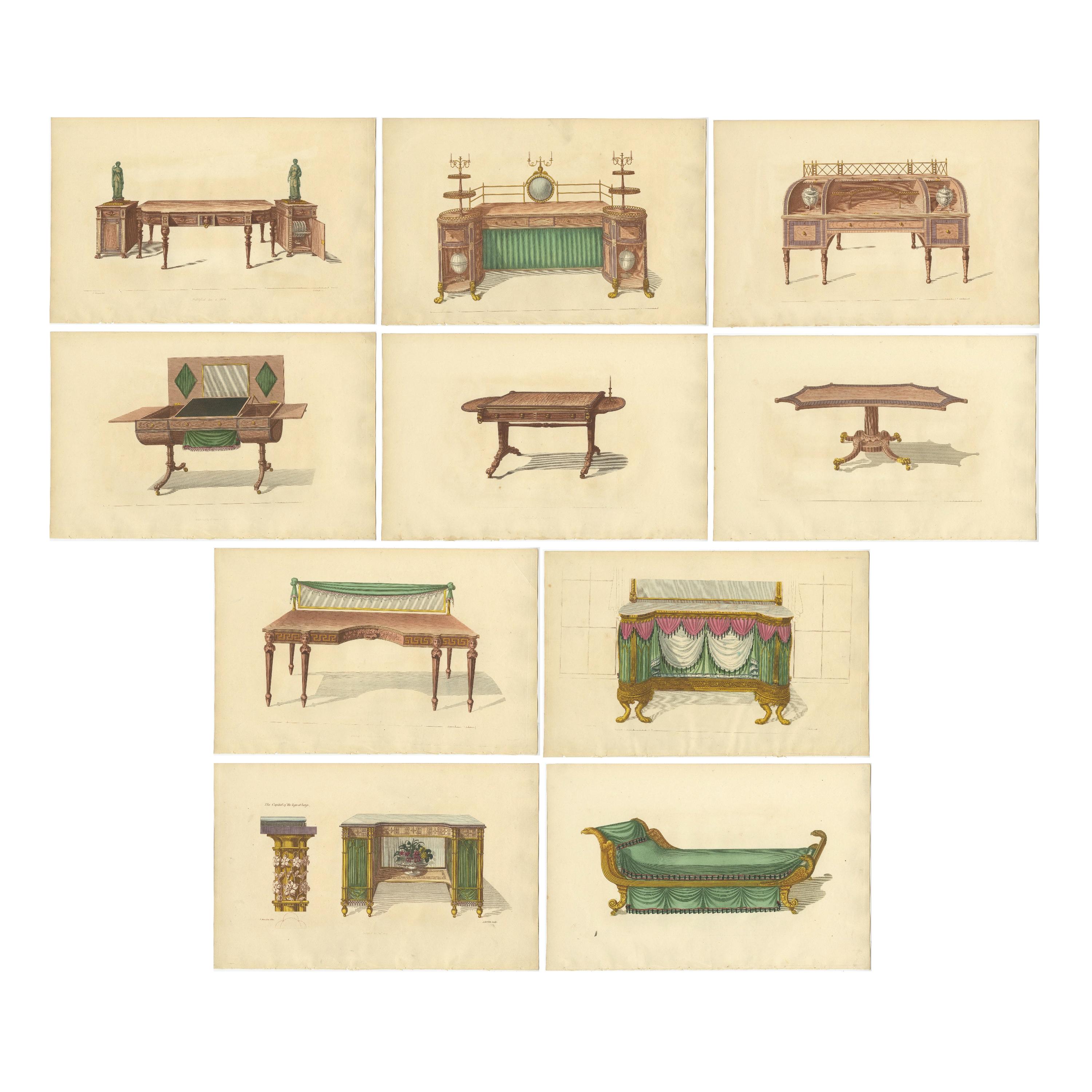 Set von 10 antiken Drucken verschiedener Möbel von Sheraton '1805' im Angebot