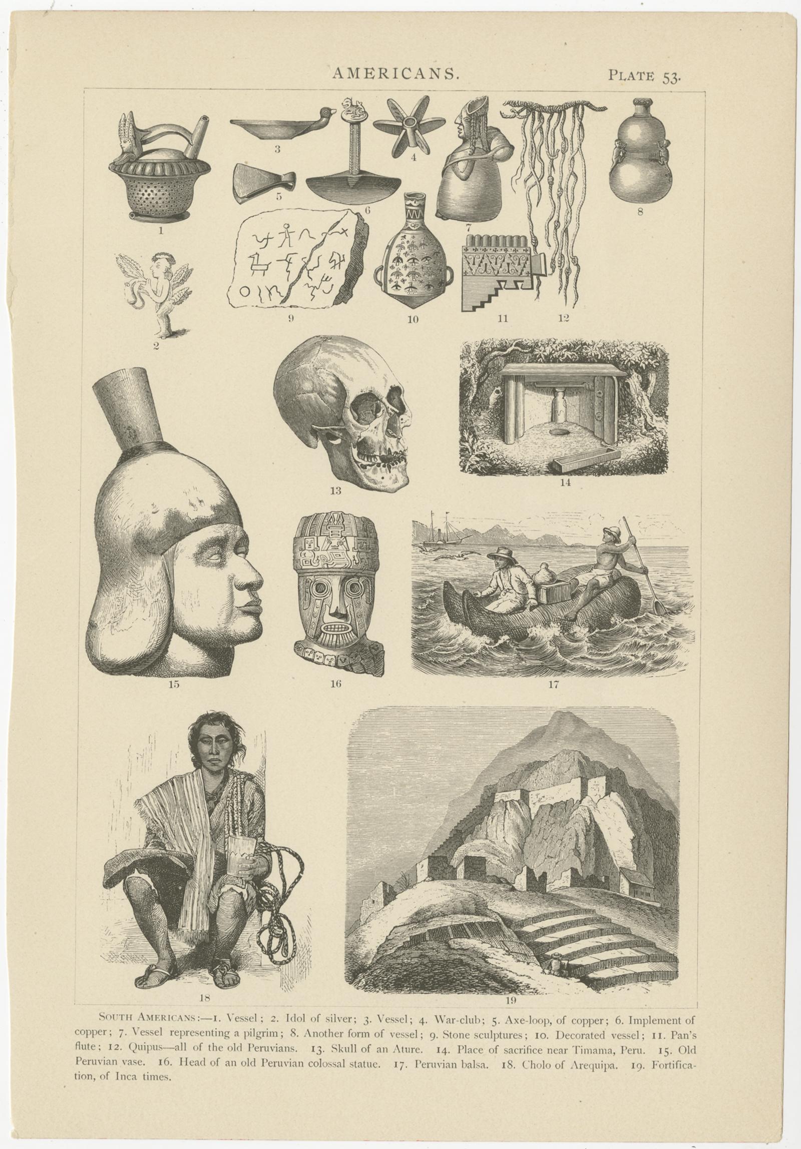 Set of ten antique prints depicting various scenes, figures, and objects of South America. These prints originate from 'Iconographic Encyclopaedia of the Arts and Sciences' by Johann Heck and Daniel Brinton.
