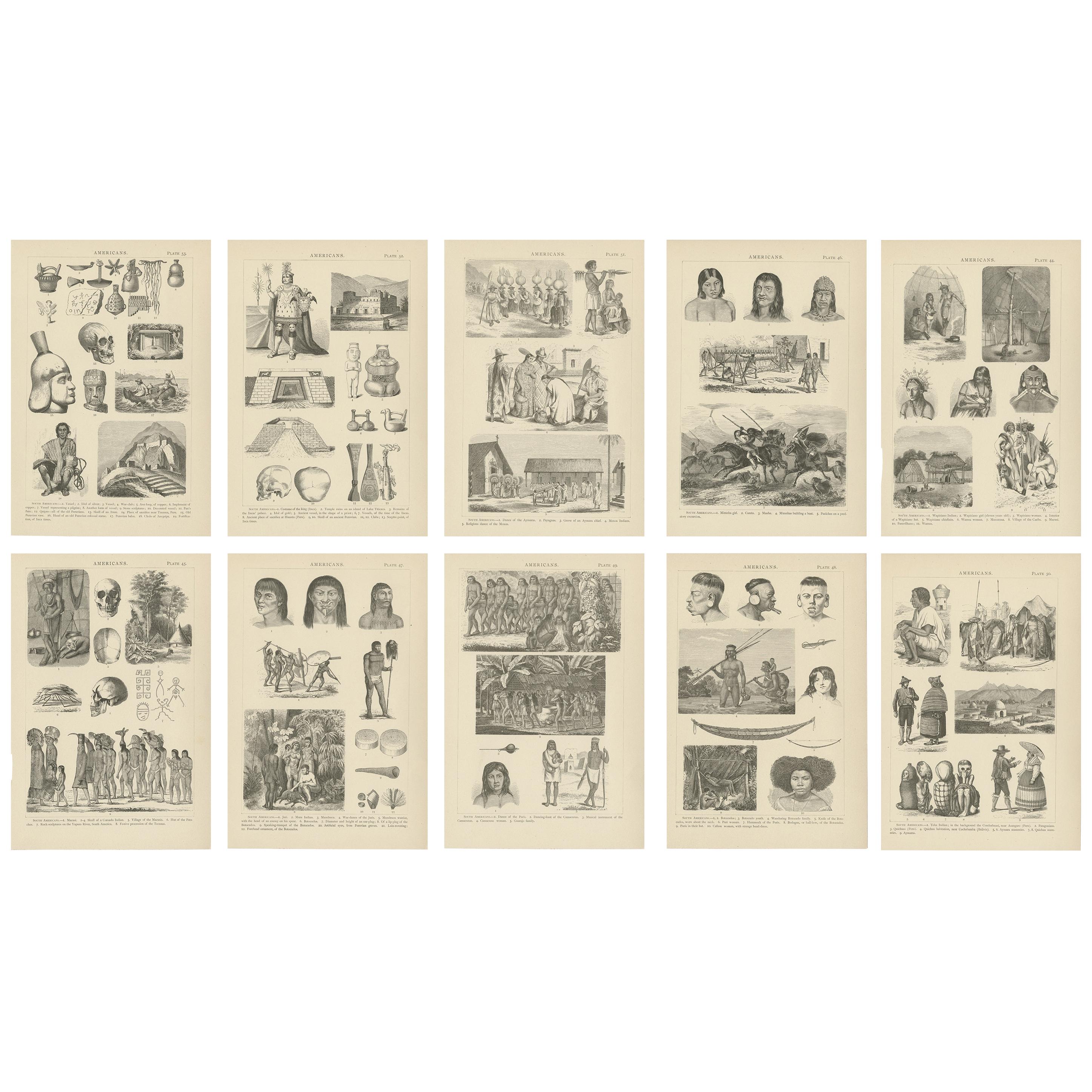 Set von 10 antiken Drucken von verschiedenen Szenen, Figuren und Objekten aus Südamerika