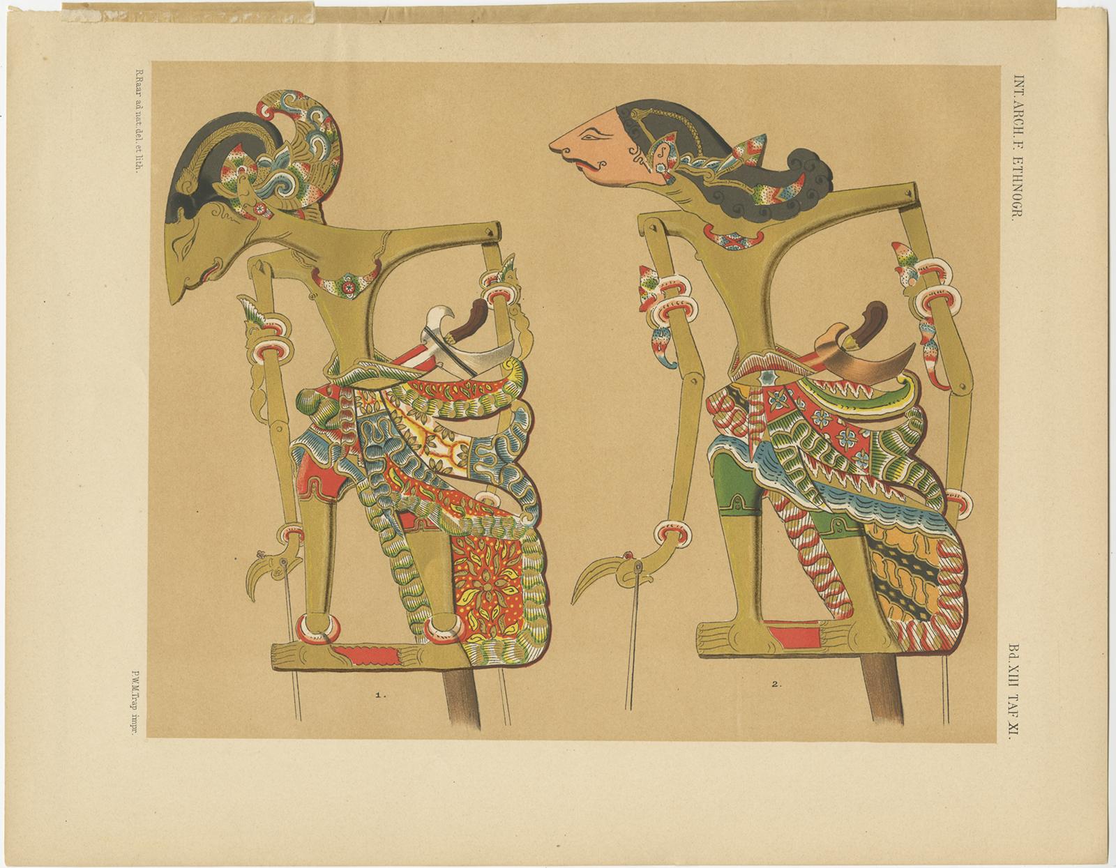 Set of ten antique prints of Wayang puppets, a traditional form of puppet theatre play originally found in the cultures of Java, Indonesia. These prints originate from 'Wajang kêlitik oder kêrutjil' by H.H. Juynboll. Published 1900.
