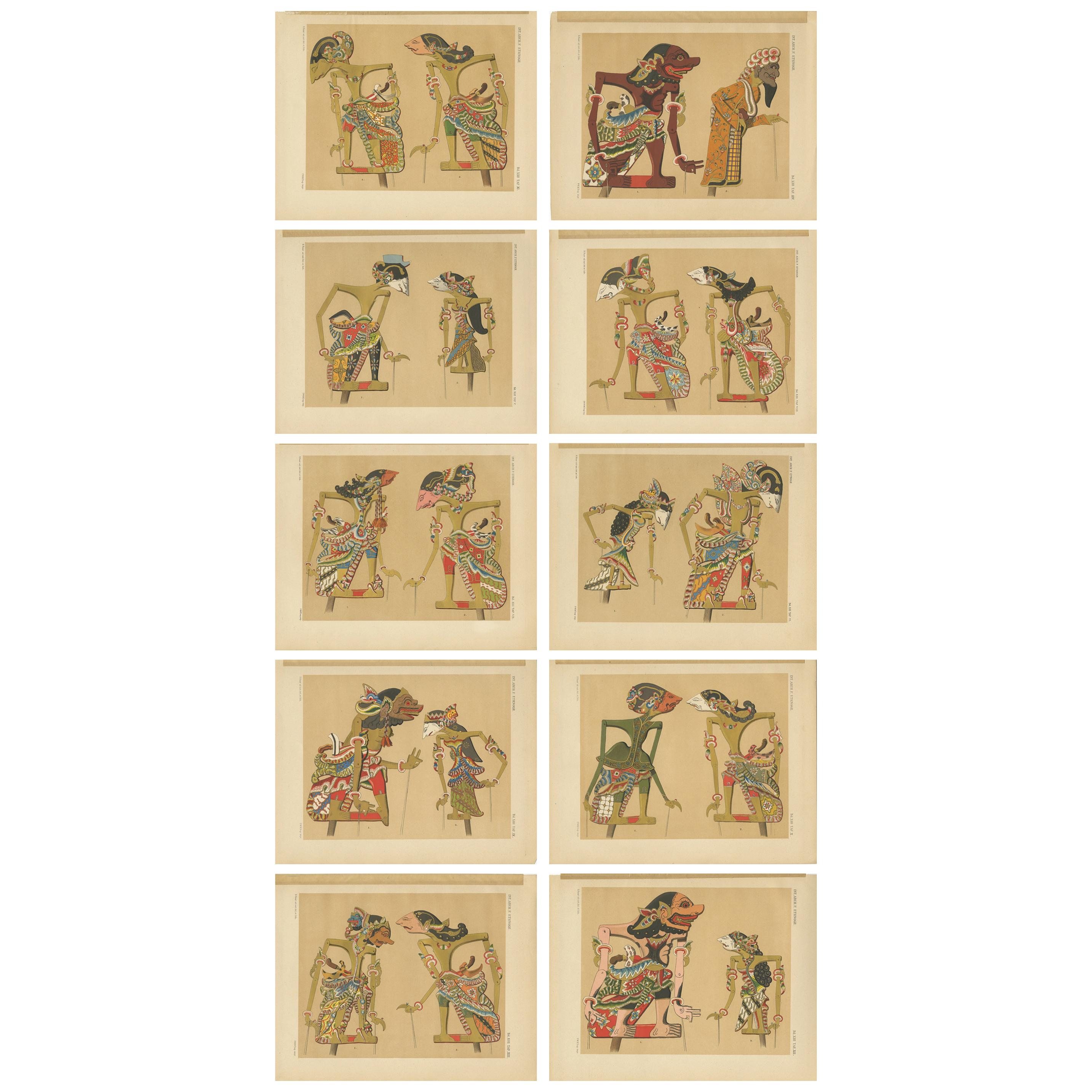 Set von 10 antiken Drucken von Wayang-Puppen von Juynboll, 1900 im Angebot