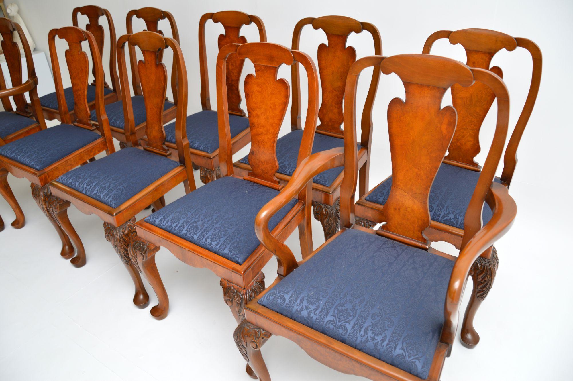 Set of 10 Antique Queen Anne Style Burr Walnut Dining Chairs 1