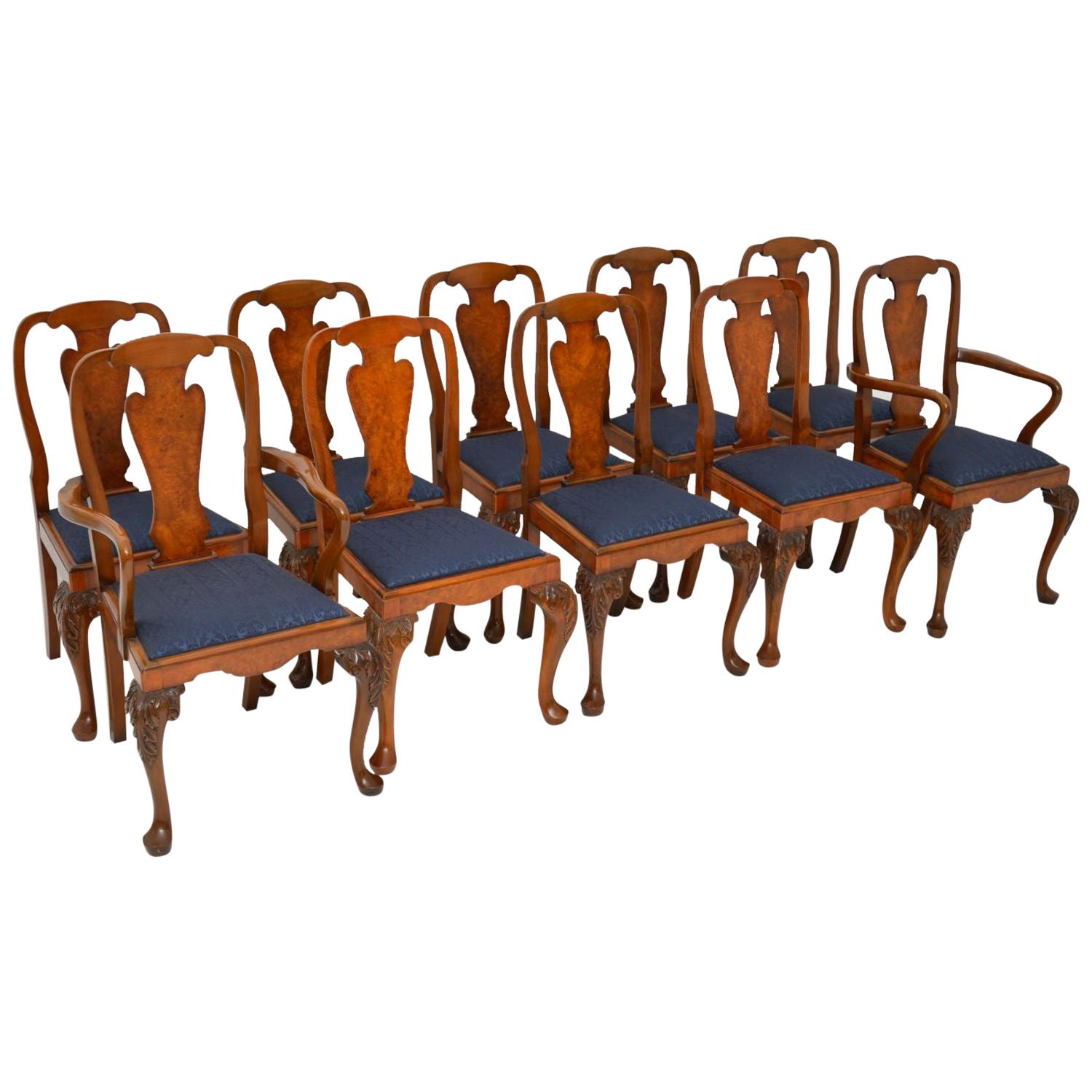 Set of 10 Antique Queen Anne Style Burr Walnut Dining Chairs