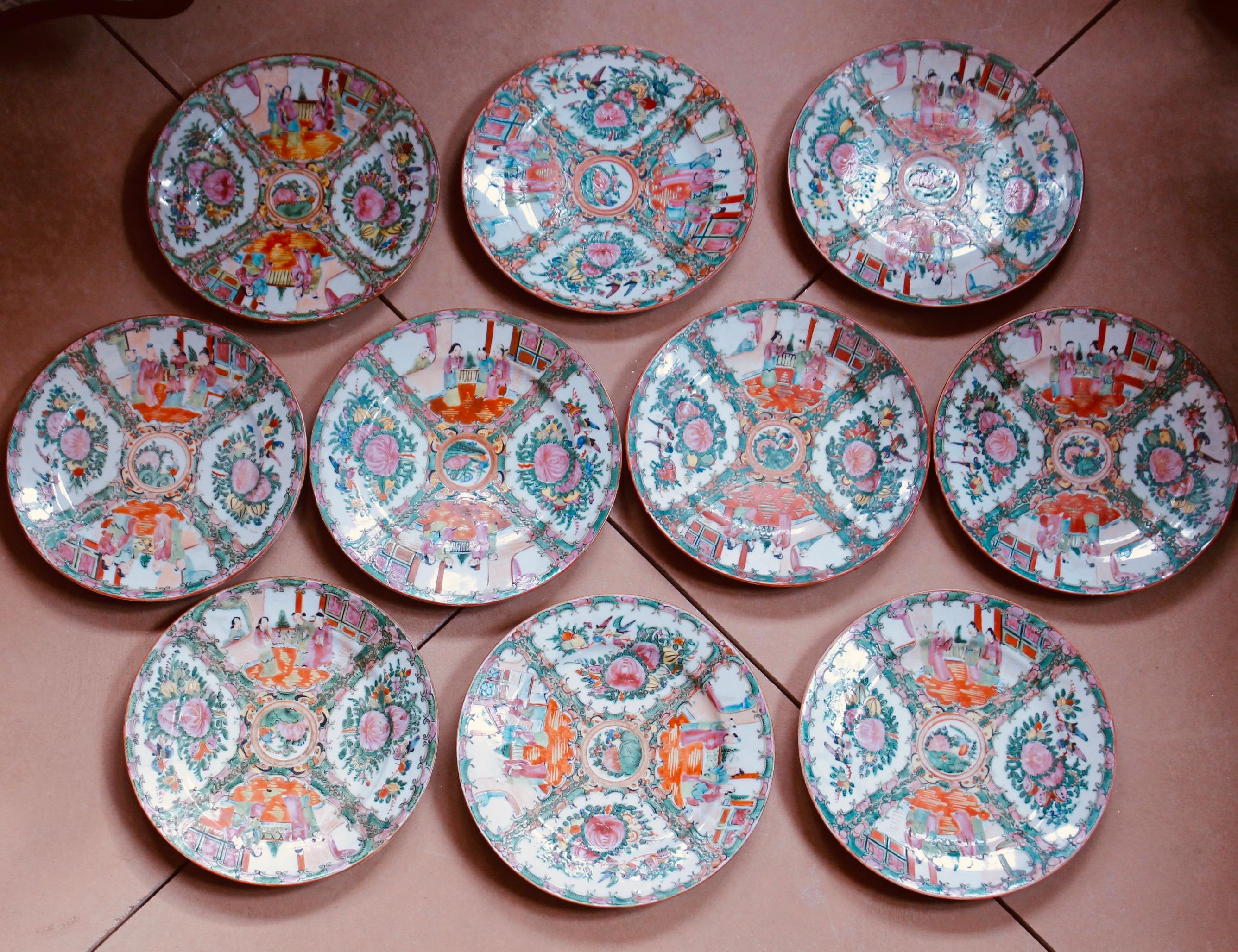 Set of 10 Antique Rose Medallion Dinner Plates For Sale 2