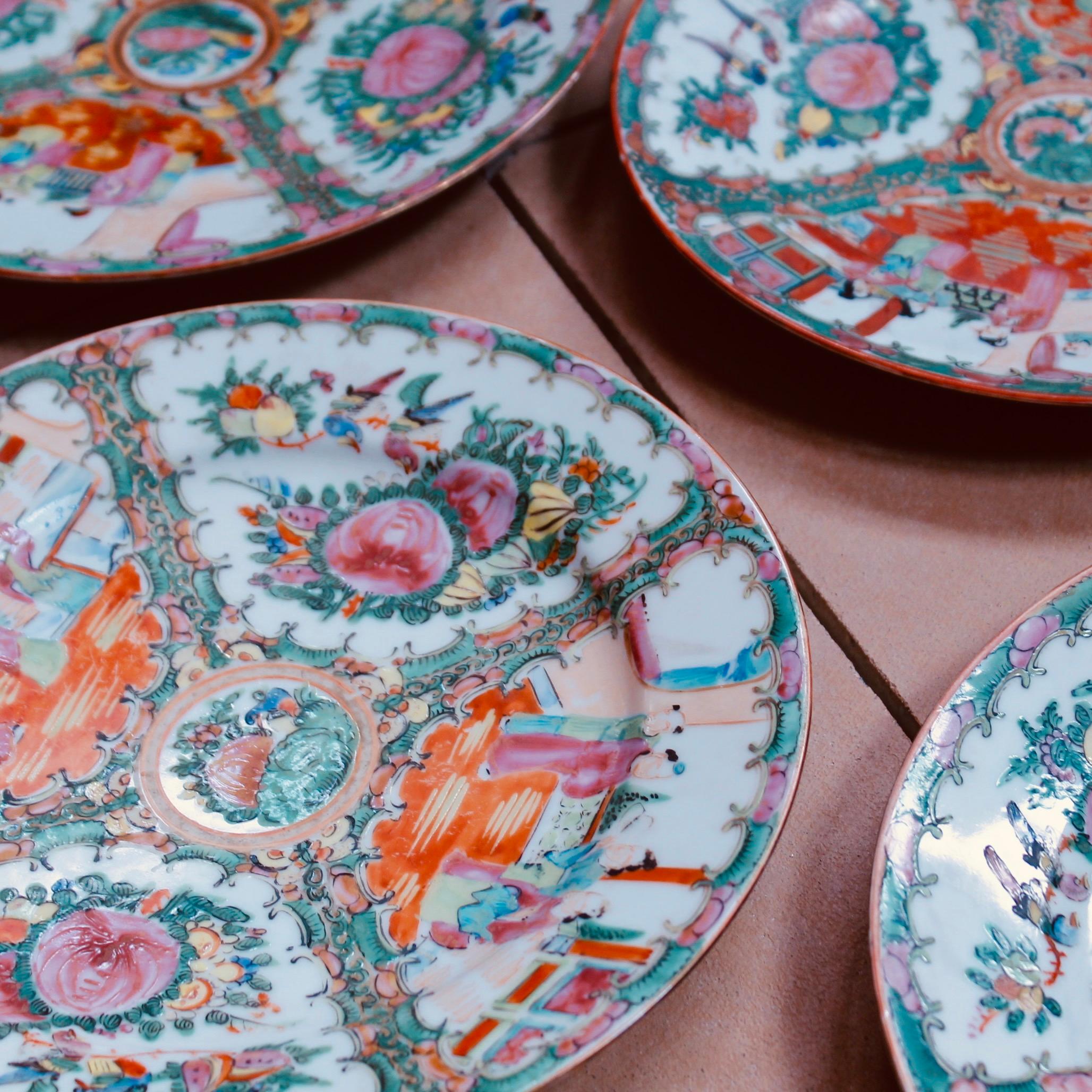 An assembled set of ten Rose Medallion dinner plates, good quality and well matched with some variations of color and design among them. These date probably to the early 20th century, ca. 1915, all bearing one of two designs of red oxide glazed