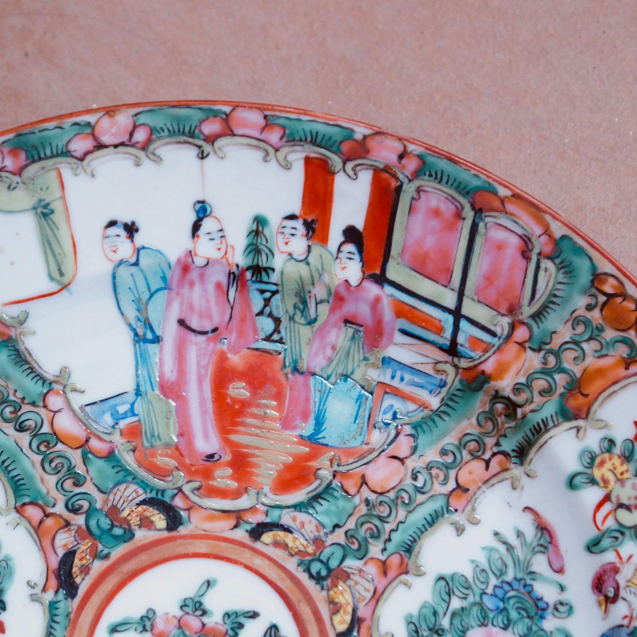 Glazed Set of 10 Antique Rose Medallion Dinner Plates For Sale