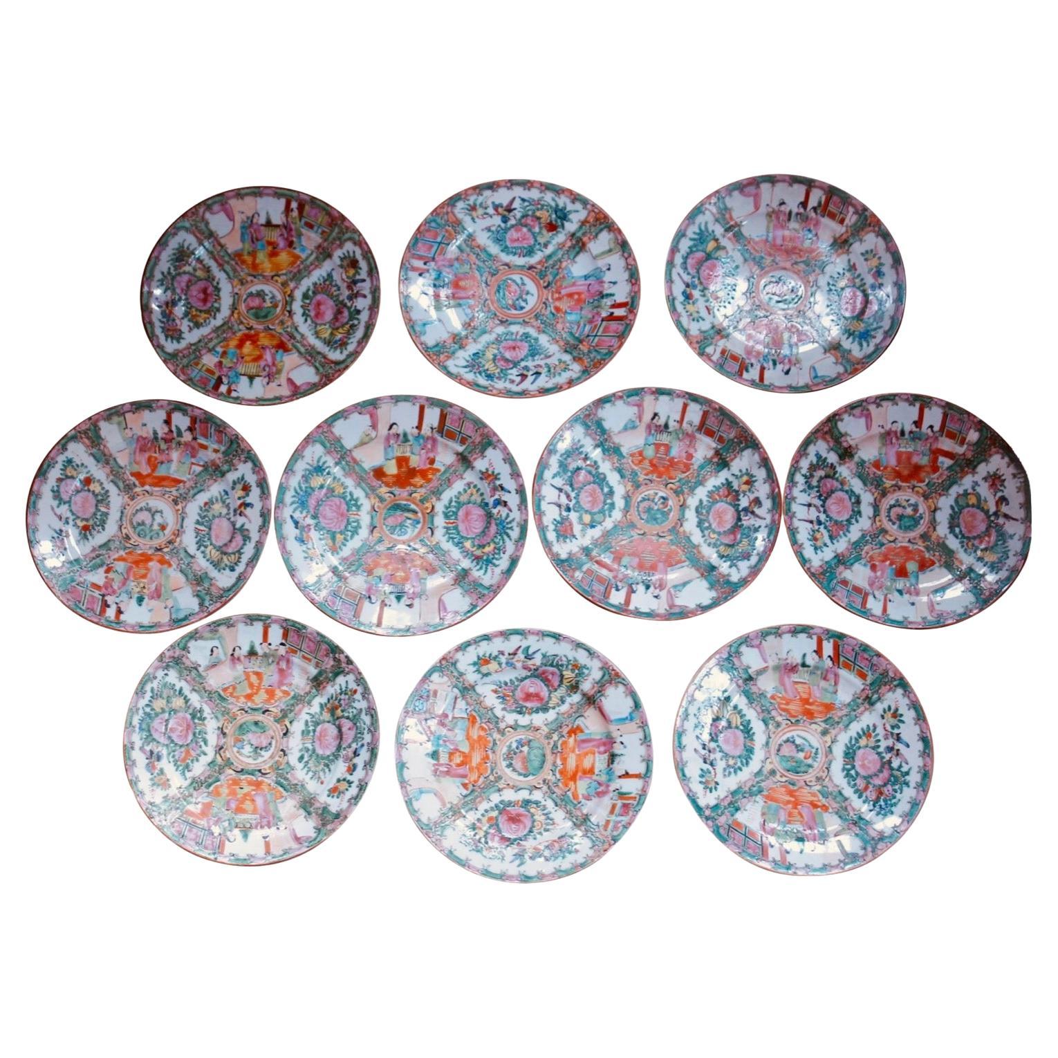 Set of 10 Antique Rose Medallion Dinner Plates For Sale