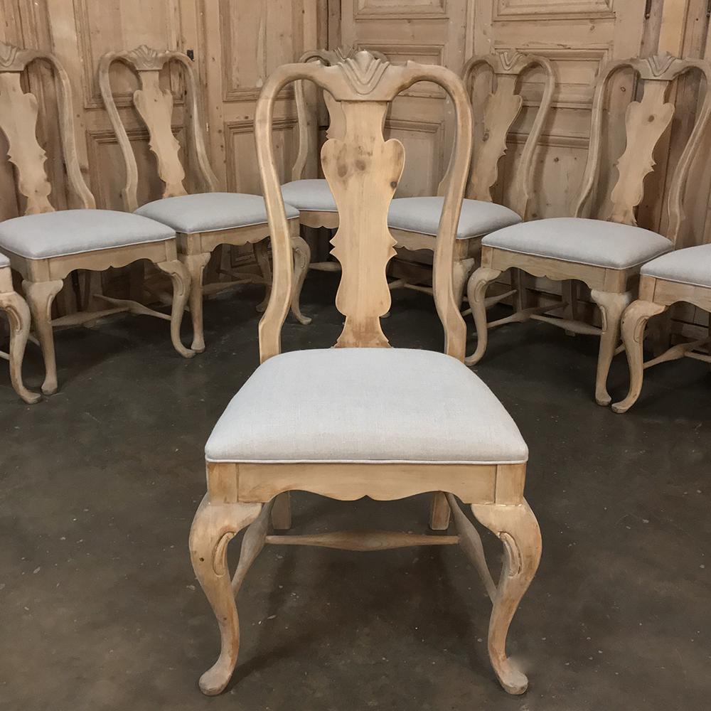 Rococo Revival Set of 10 Antique Swedish Stripped Dining Chairs