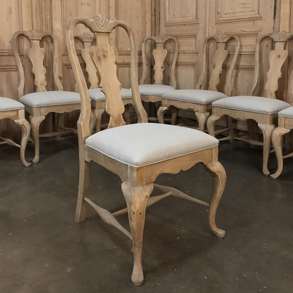 Hand-Crafted Set of 10 Antique Swedish Stripped Dining Chairs