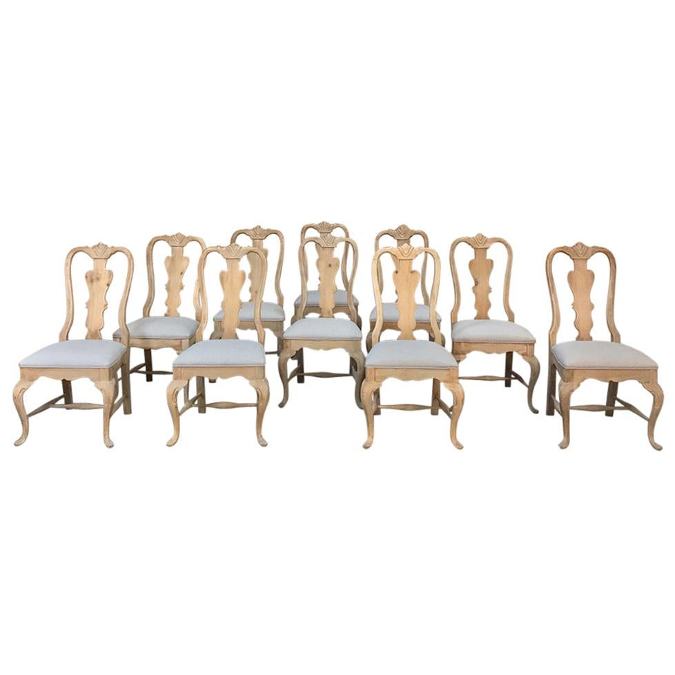 Set of 10 Antique Swedish Stripped Dining Chairs