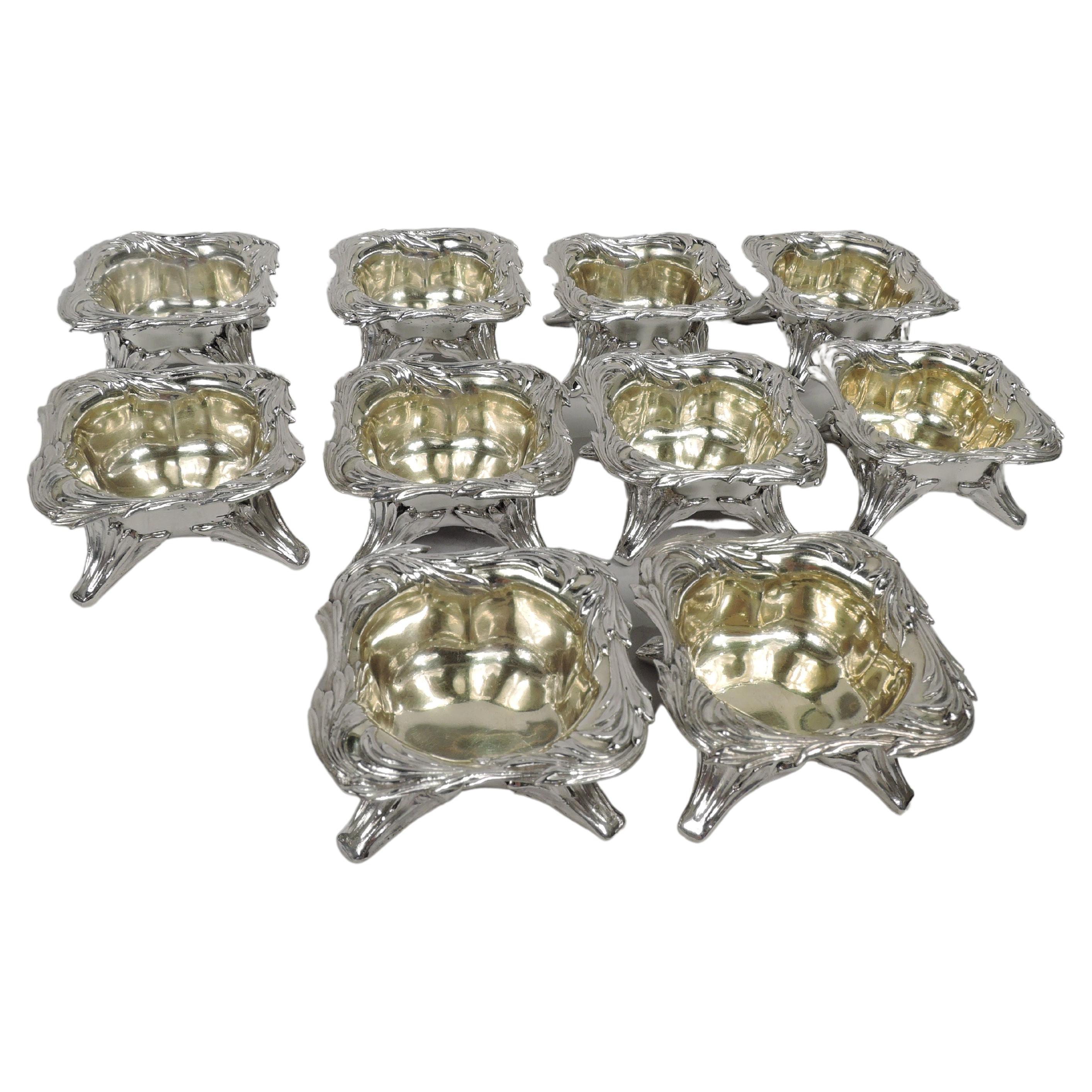 Set of 10 Antique Tiffany Chrysanthemum Sterling Silver Open Salts