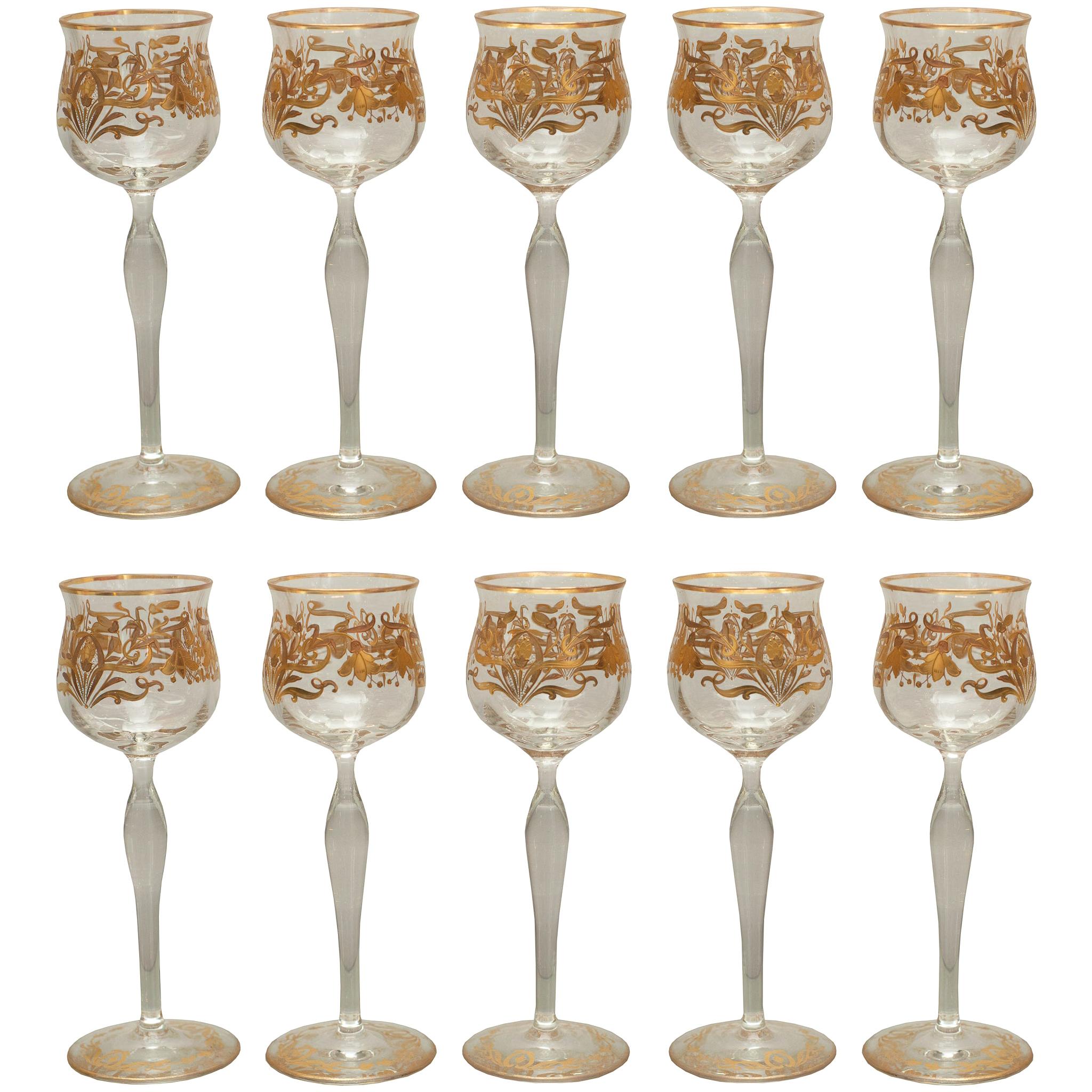 Set of 10 Antique Venetian Wine Glasses with Gilding