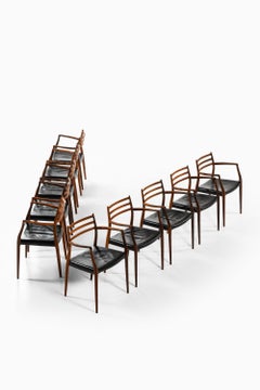 Set of 10 Armchairs in Rosewood and Black Leather by Niels Otto Møller, 1960's