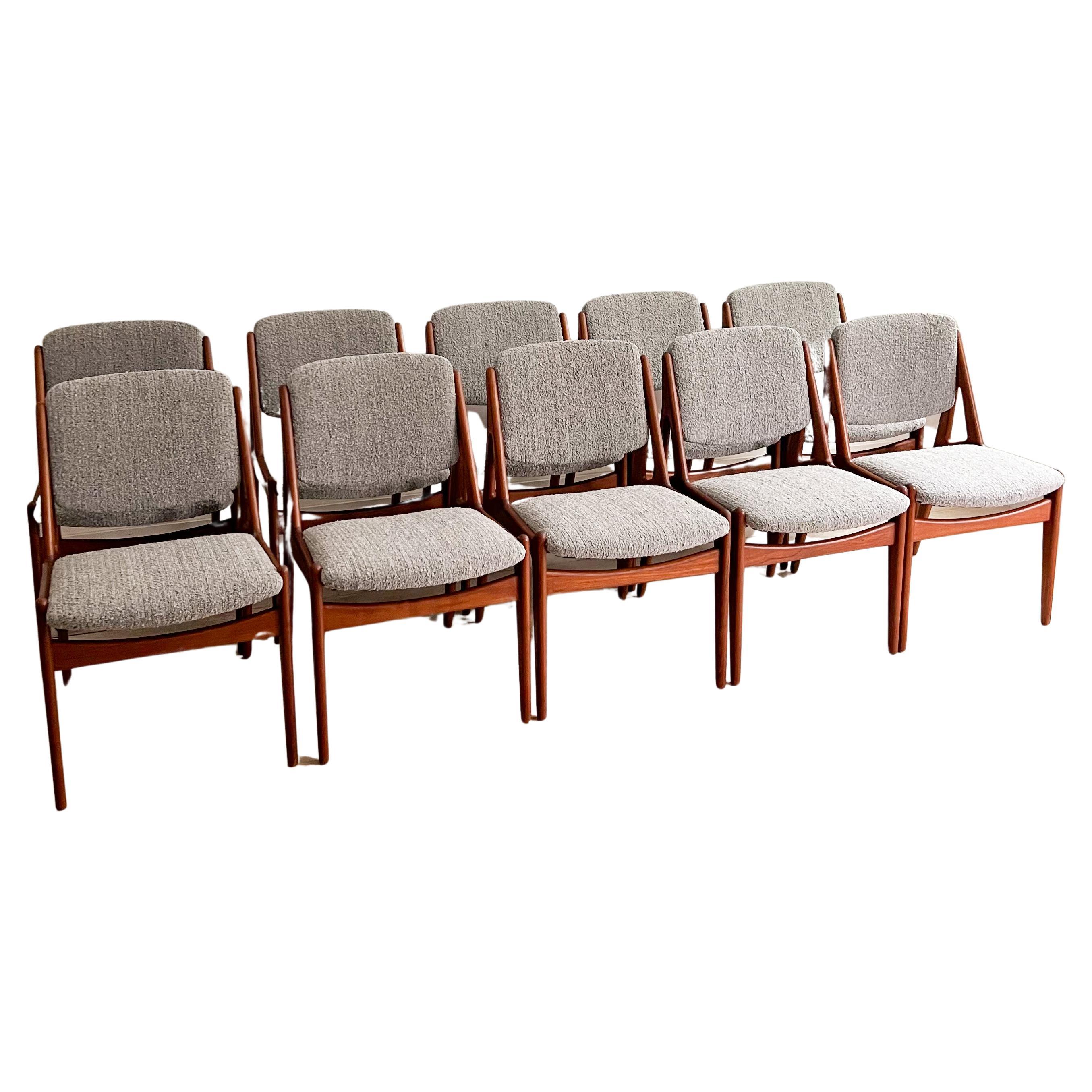 Set of 10 Arne Vodder Danish Teak Tilt Back Dining Chairs - New Upholstery For Sale