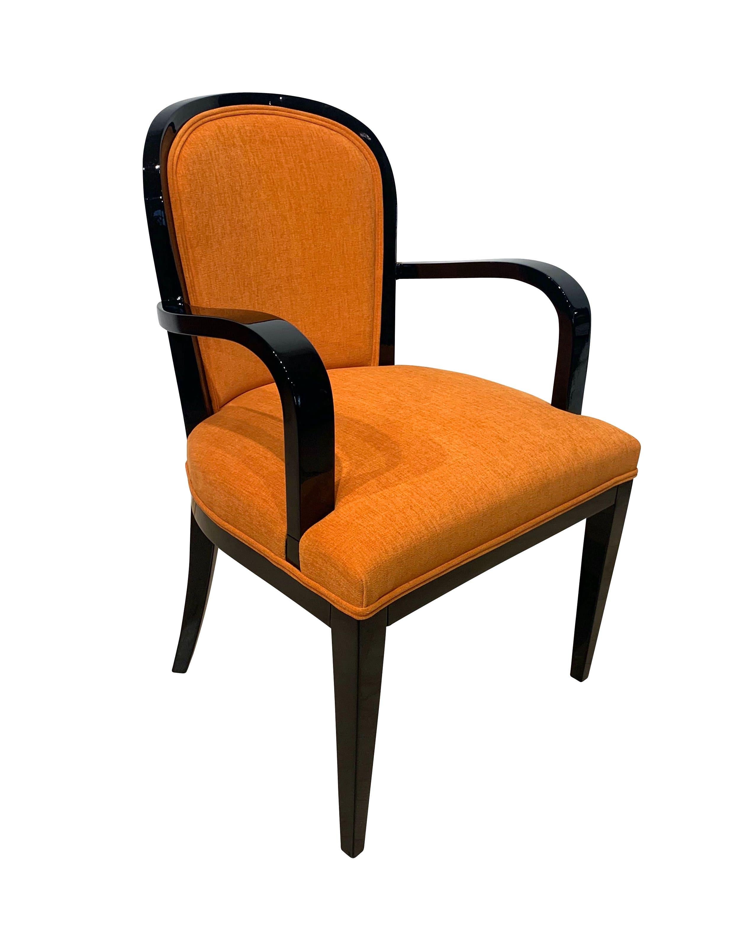 French Set of 10 Art Deco Armchairs, Black Lacquer, Orange Fabric, France, circa 1930