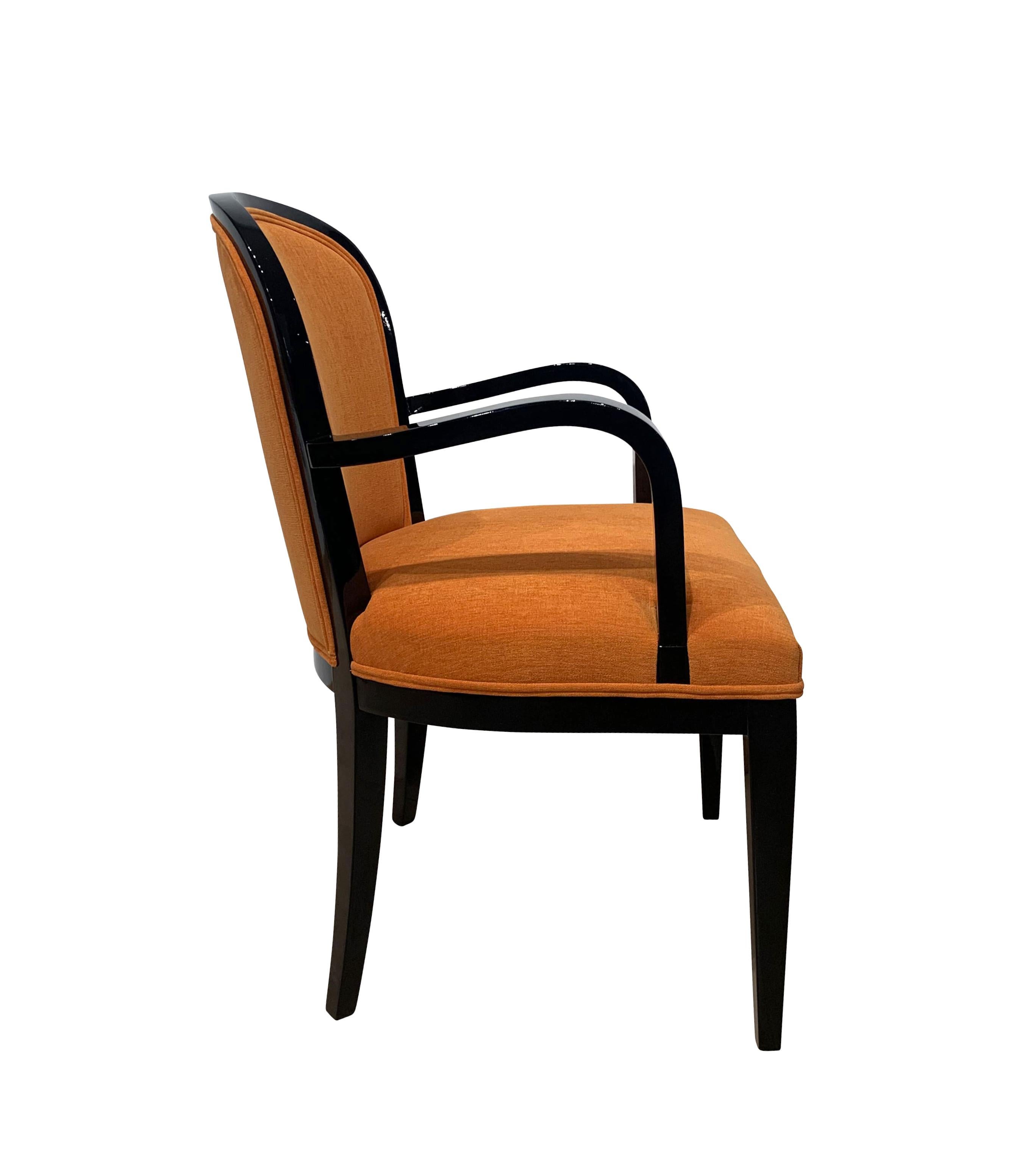 Lacquered Set of 10 Art Deco Armchairs, Black Lacquer, Orange Fabric, France, circa 1930