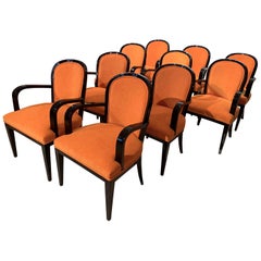 Set of 10 Art Deco Armchairs, Black Lacquer, Orange Fabric, France, circa 1930