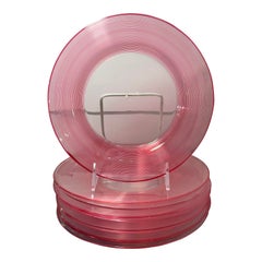 Set di 10 piatti in cristallo filettati rosa Art Deco Frederick Carder Steuben