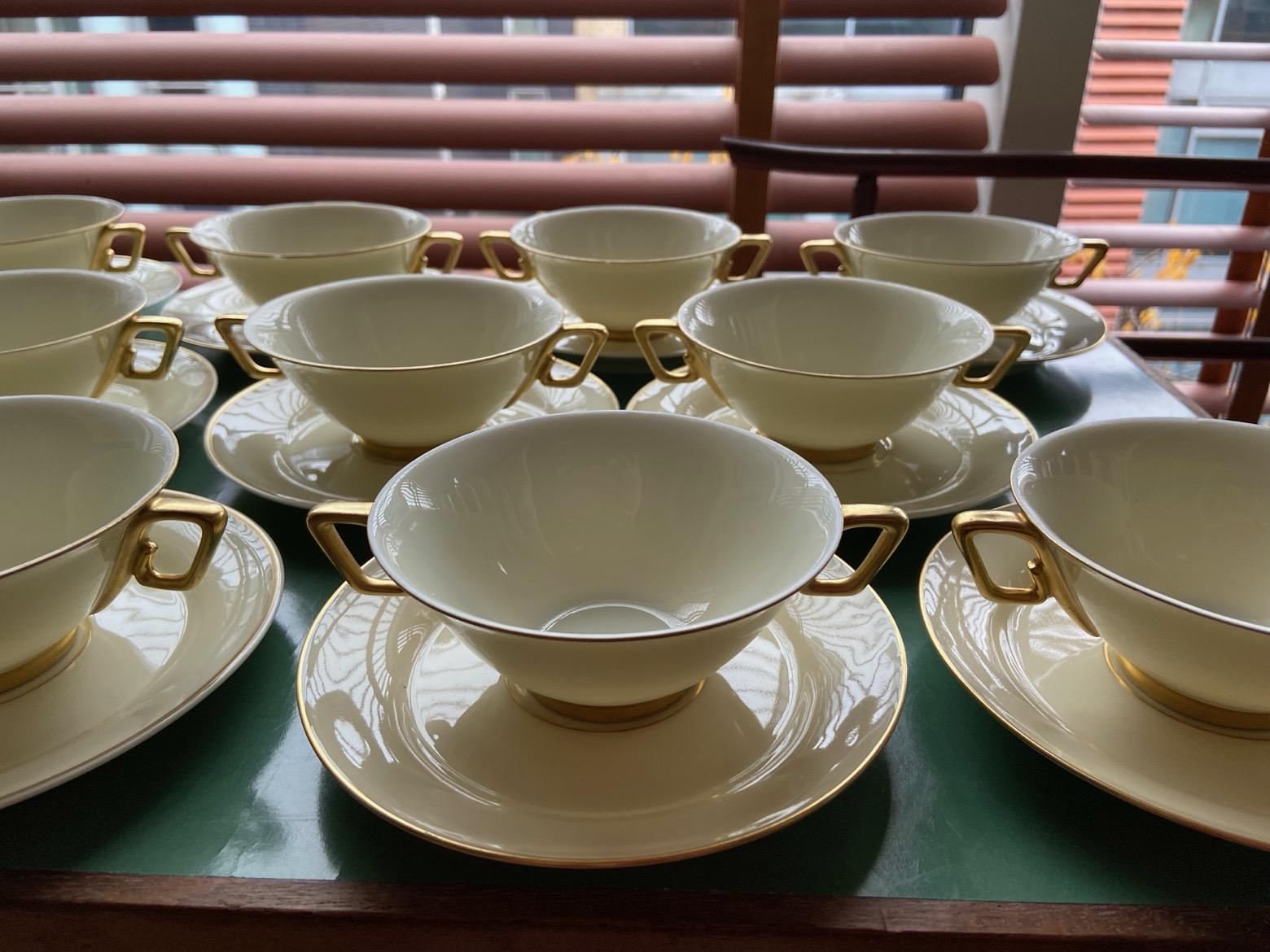 10 Art Deco Limoges White and Gold Soup Bowls by Marcel Goupy for Rouaud, Paris For Sale 6