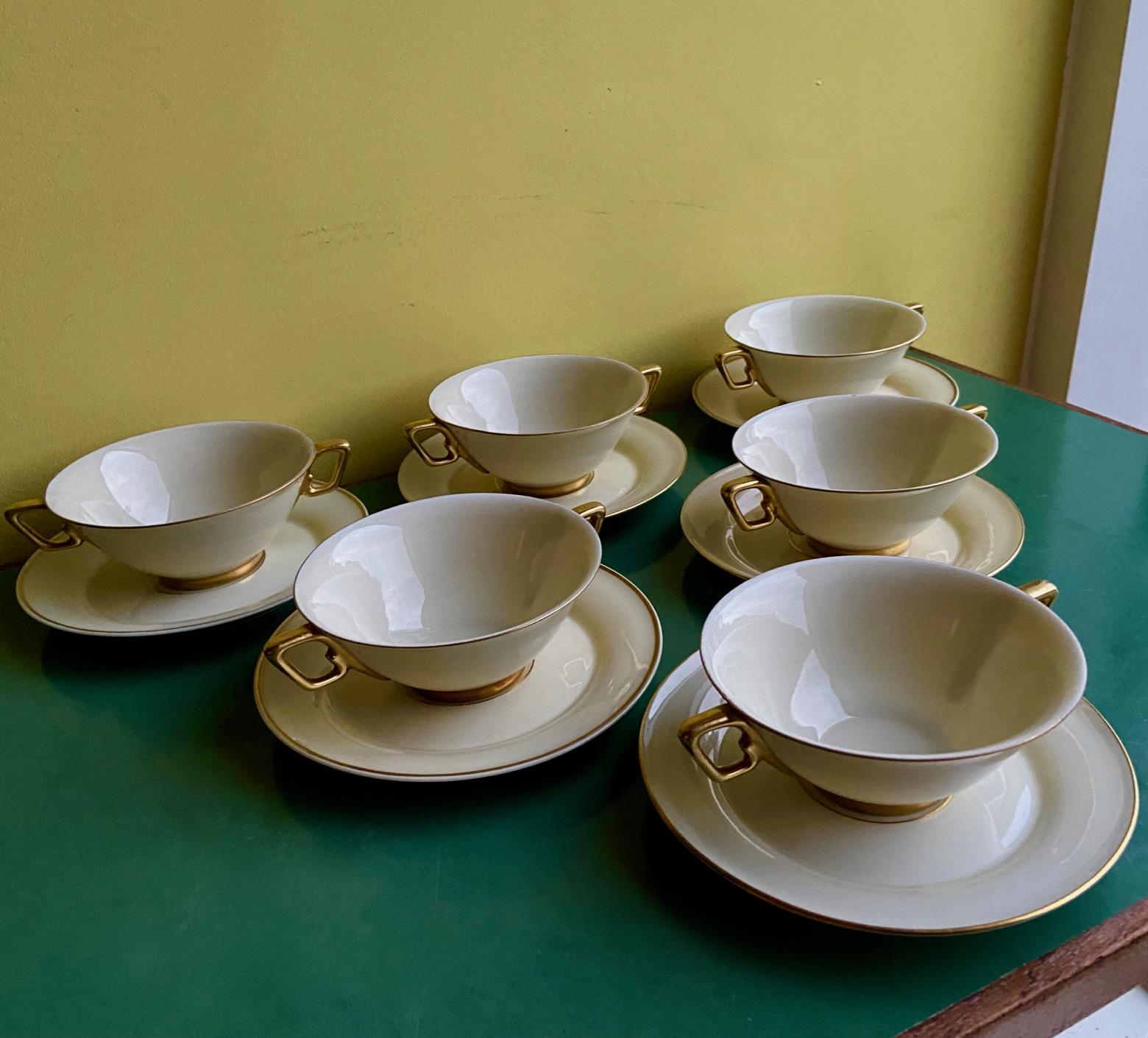10 Art Deco Limoges White and Gold Soup Bowls by Marcel Goupy for Rouaud, Paris For Sale 7