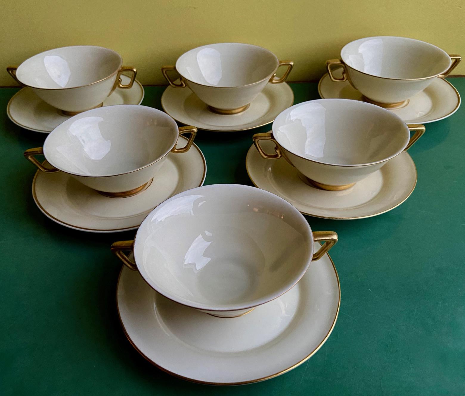 10 Art Deco Limoges White and Gold Soup Bowls by Marcel Goupy for Rouaud, Paris For Sale 8