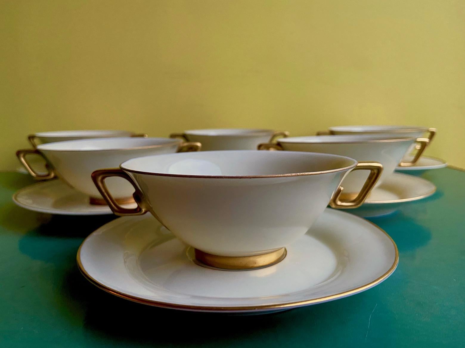 10 Art Deco Limoges White and Gold Soup Bowls by Marcel Goupy for Rouaud, Paris For Sale 9