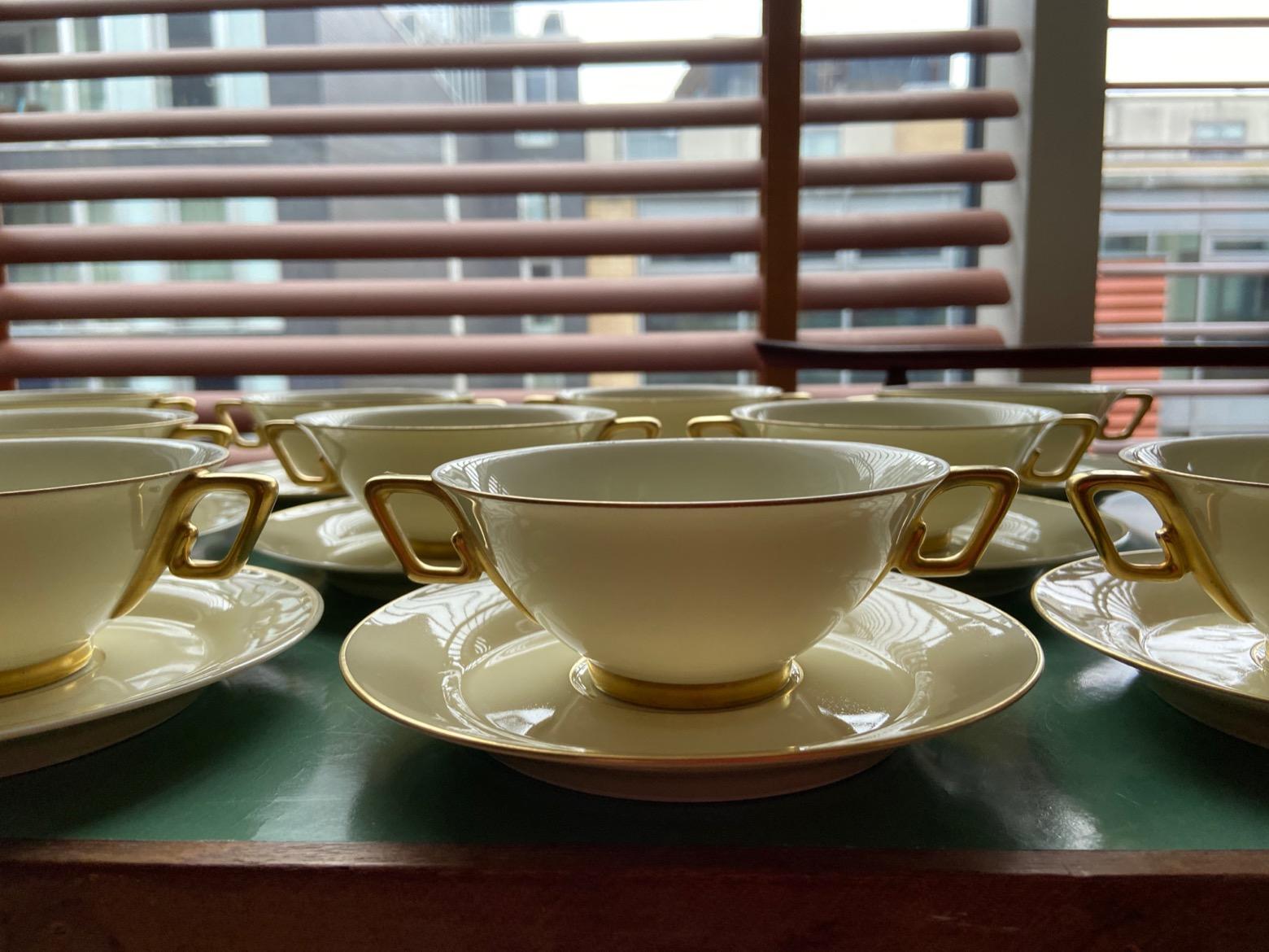 Porcelain 10 Art Deco Limoges White and Gold Soup Bowls by Marcel Goupy for Rouaud, Paris For Sale