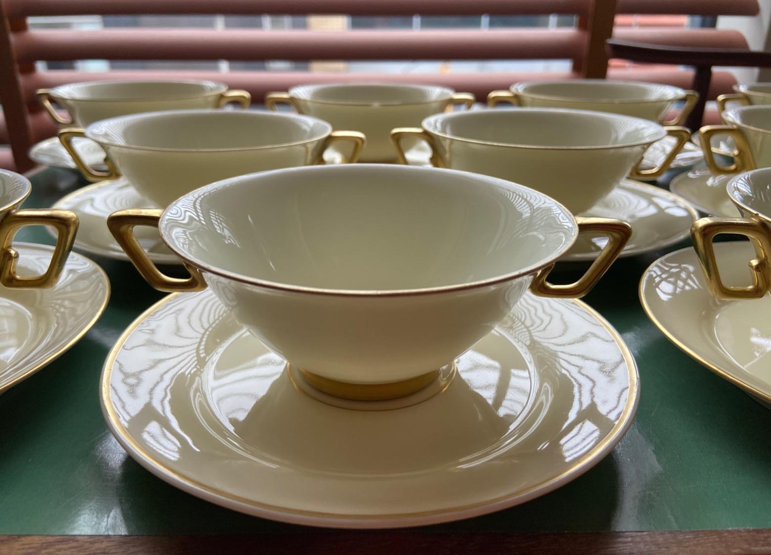 10 Art Deco Limoges White and Gold Soup Bowls by Marcel Goupy for Rouaud, Paris For Sale 1