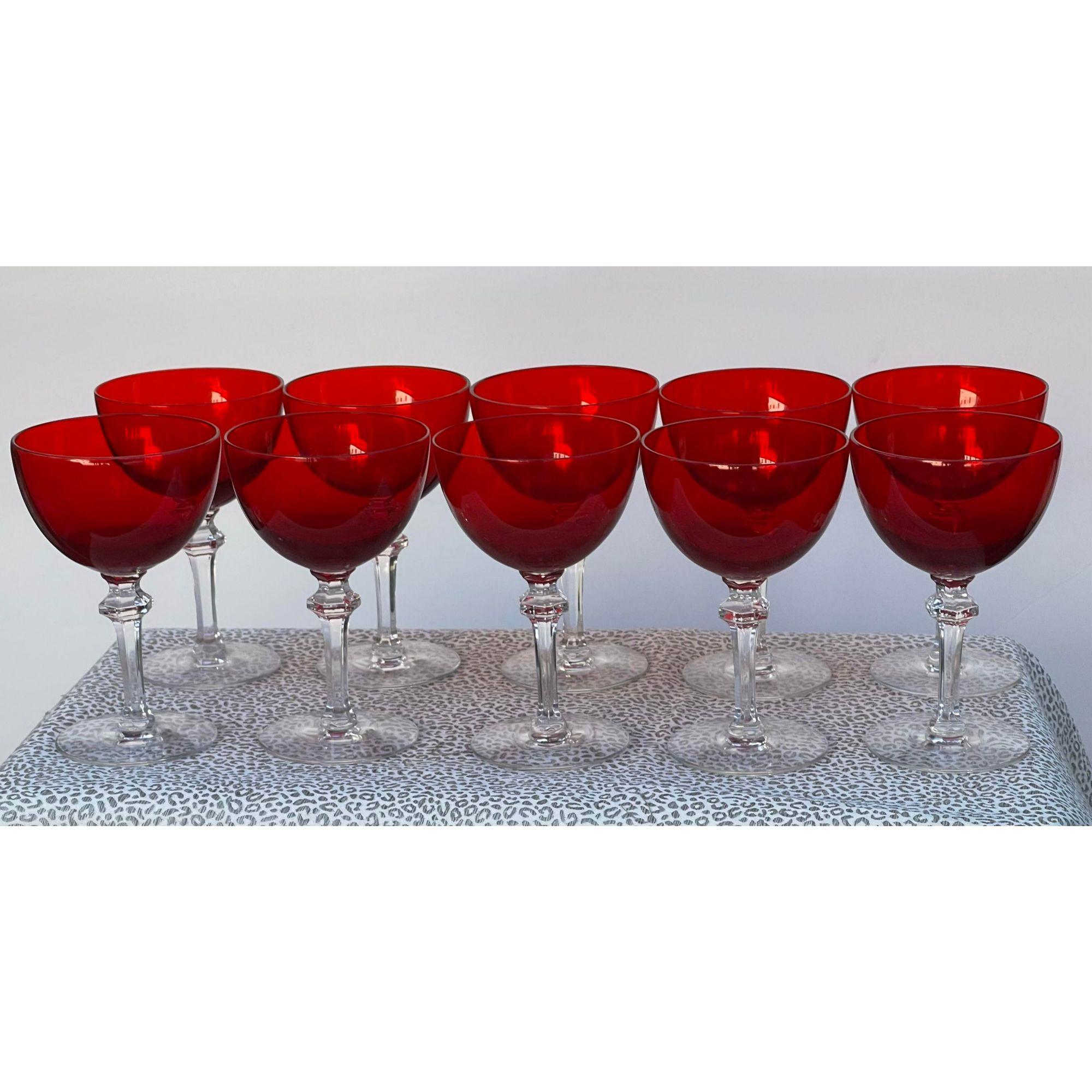 Antique Art Deco Morgantown red wine glasses champagne stems- Set of 10

Additional information:
Materials: Glass
Color: Red
Brand: Morgantown Glass
Designer: Morgantown Glass
Period: 1930s
Styles: Art Deco
Item Type: Vintage, Antique or