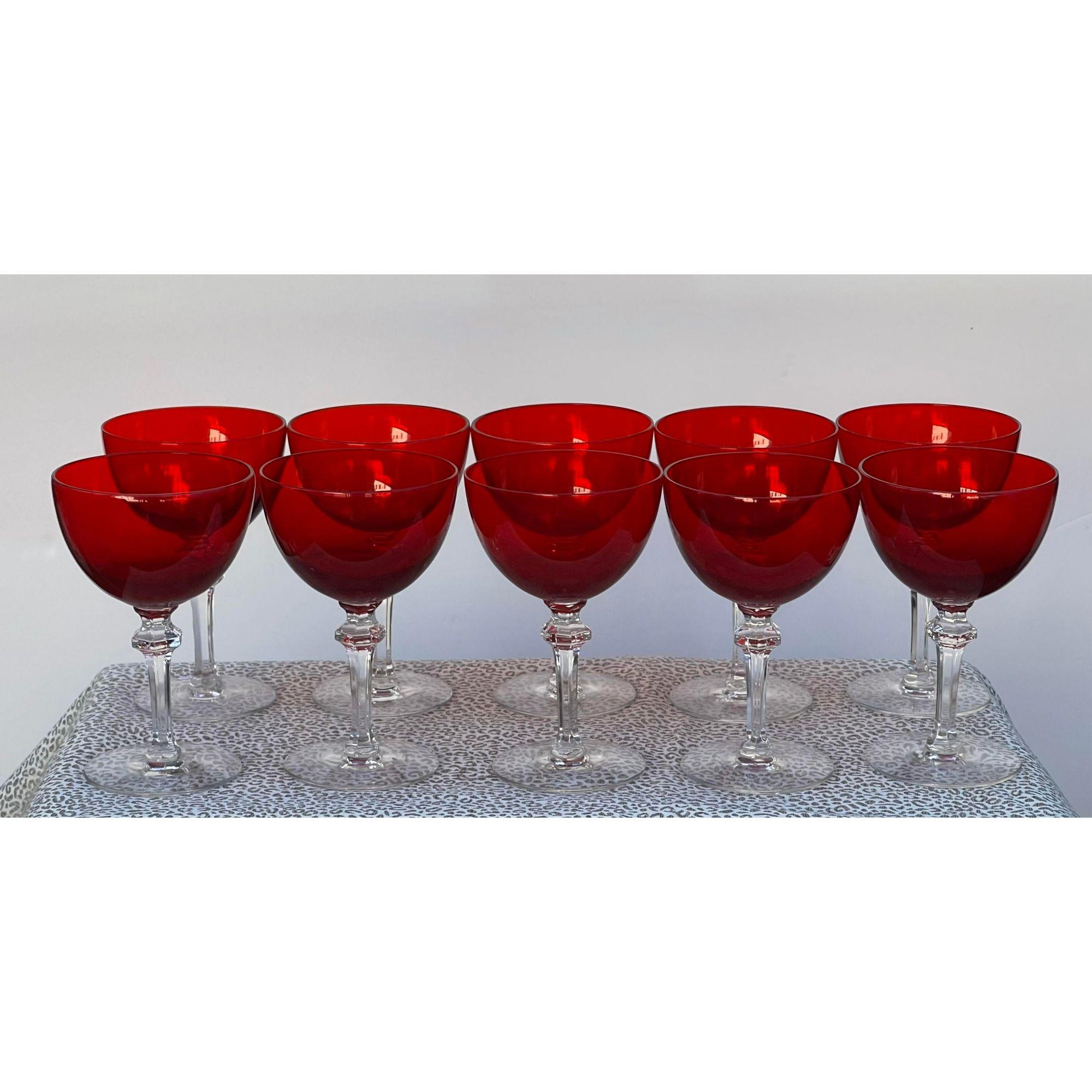 Set of 10 Art Deco Morgantown Red Wine Glasses Champagne Stems, 1930s In Good Condition For Sale In LOS ANGELES, CA