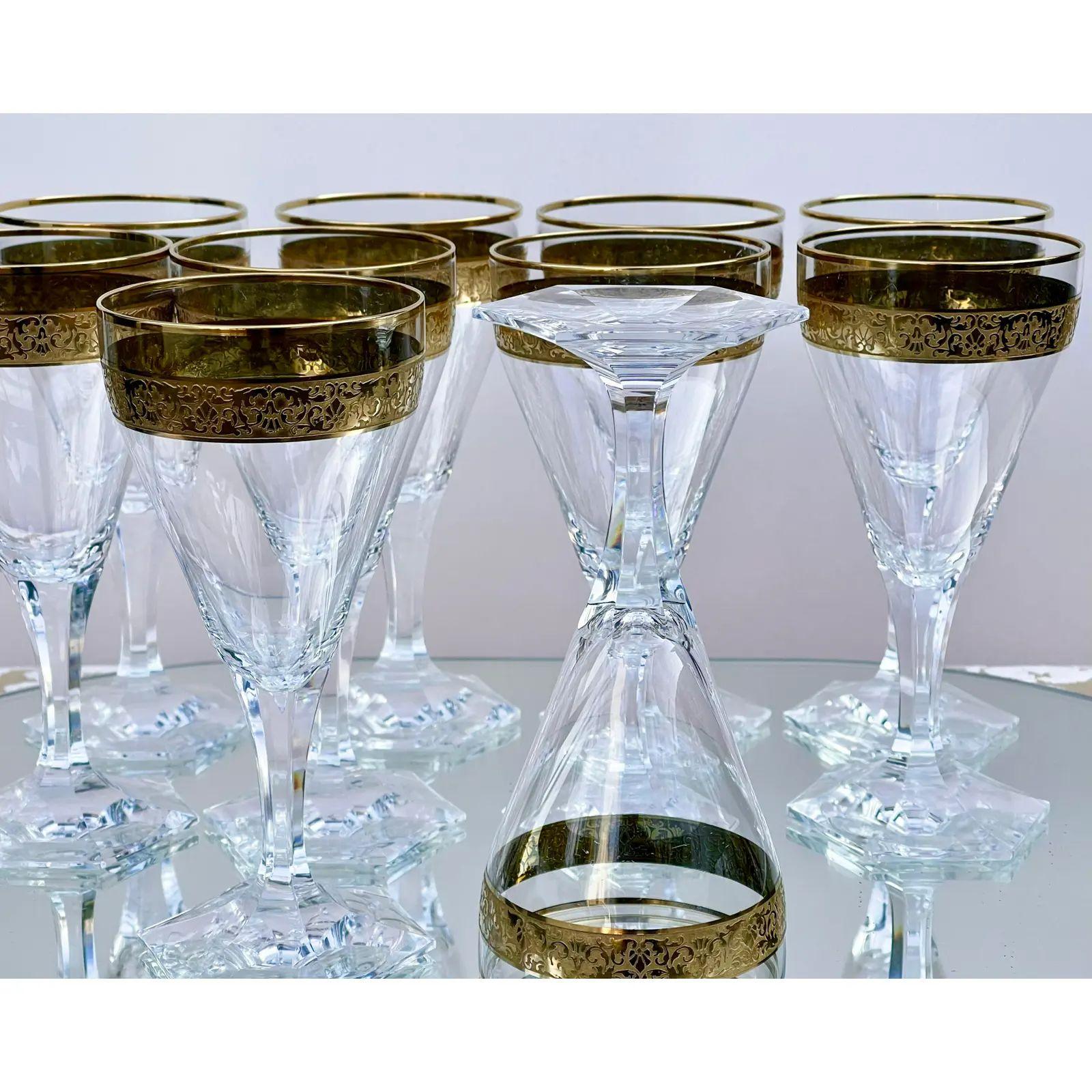 Set of 10 Art Deco Moser Gold Encrusted Crystal Wine Stems, 1980s In Good Condition In LOS ANGELES, CA