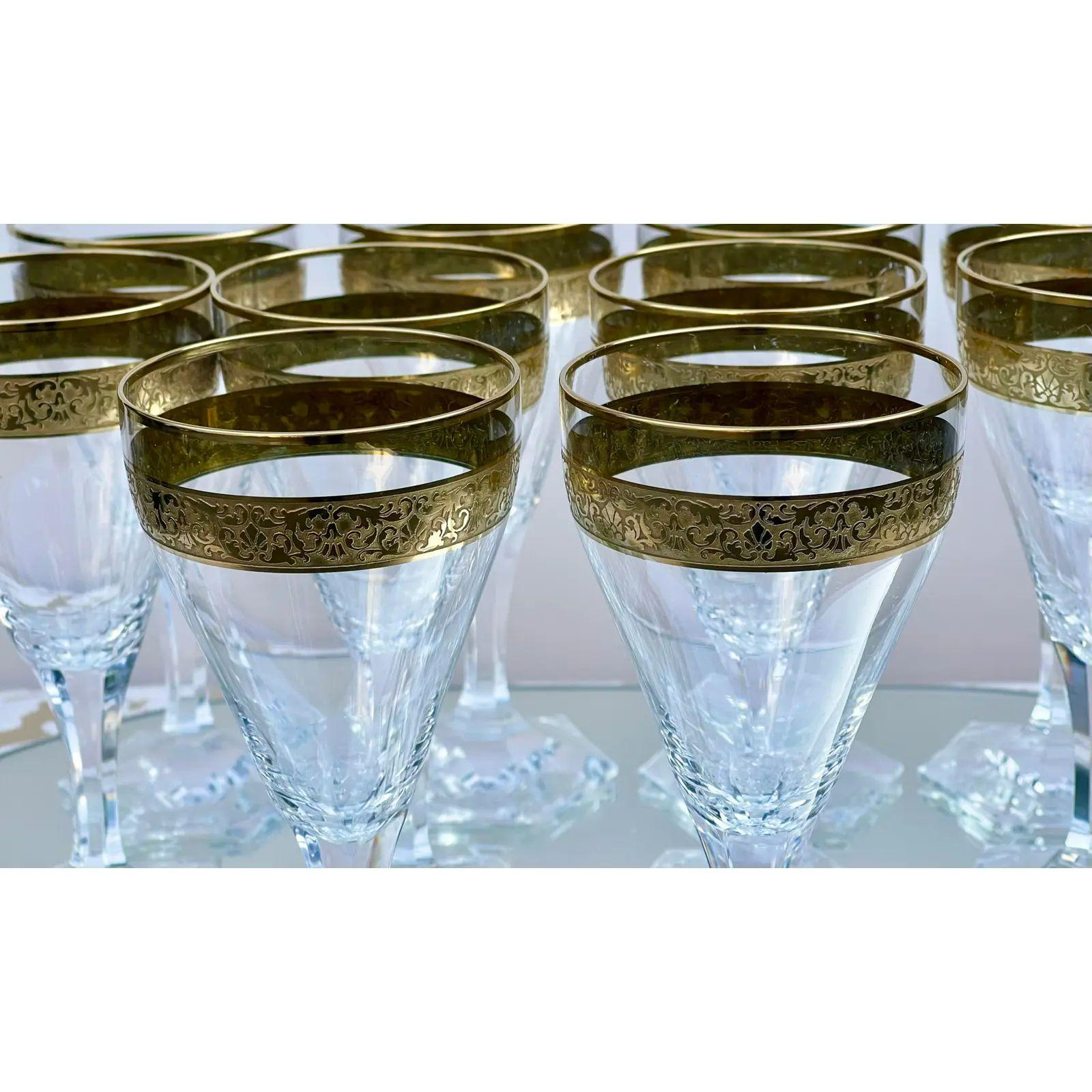 20th Century Set of 10 Art Deco Moser Gold Encrusted Crystal Wine Stems, 1980s