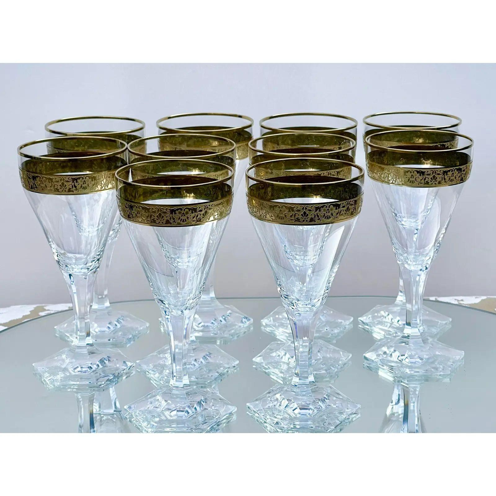 Set of 10 Art Deco Moser Gold Encrusted Crystal Wine Stems, 1980s 1