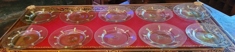 PRESENTING a GORGEOUS Set of 10 Art Deco Salviati Gold Inclusion Dessert Plates.

Made in Venice, Italy circa 1930 by the World famous Salviati Glassworks. Classically Art Deco pieces.

In near mint condition with no chips or cracks.

Each dish