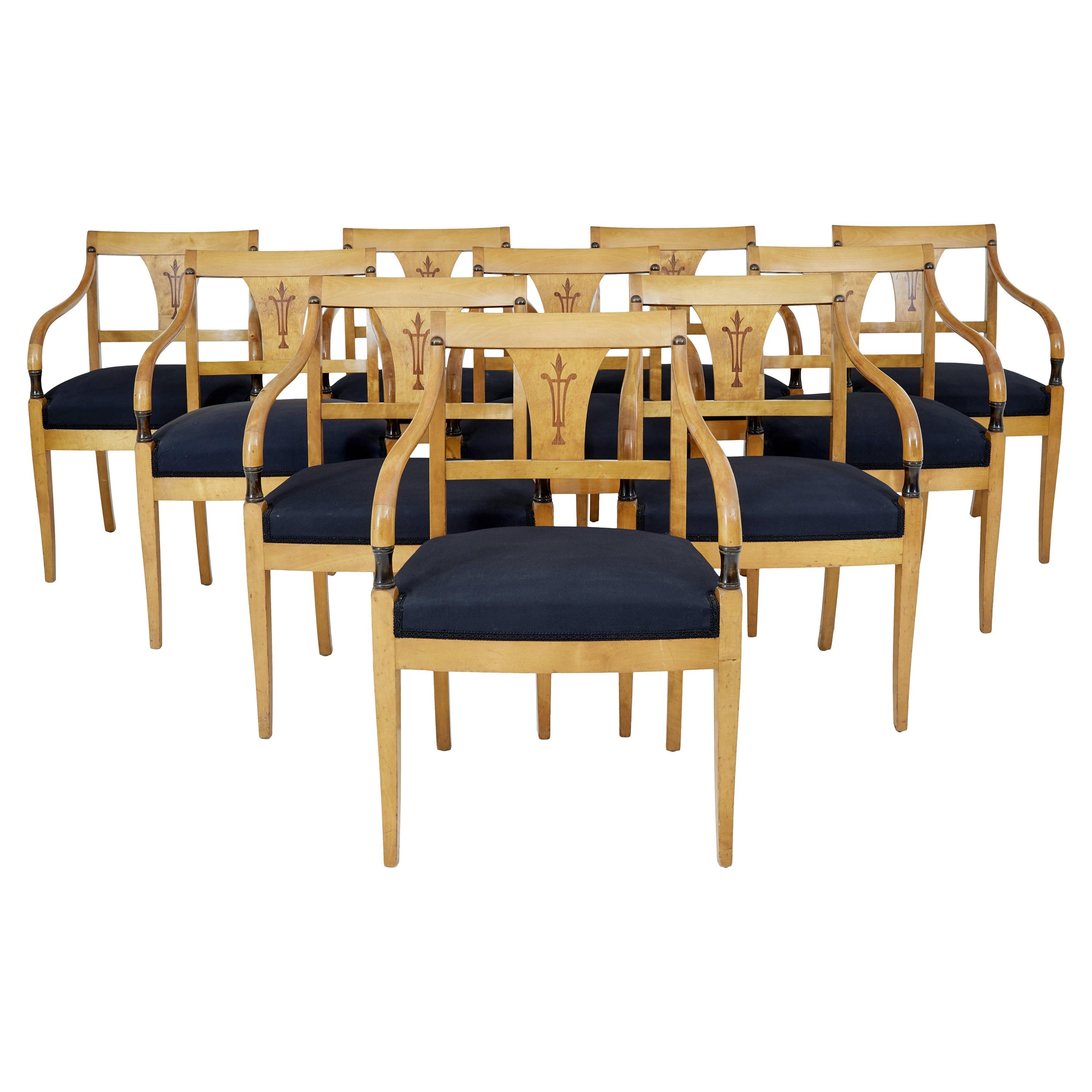 Set of 10 art deco Swedish birch dining armchairs