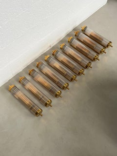 Set of 10 Art Deco Wall Sconces in Brass Fluted Glass, Chic Lighting appliqués