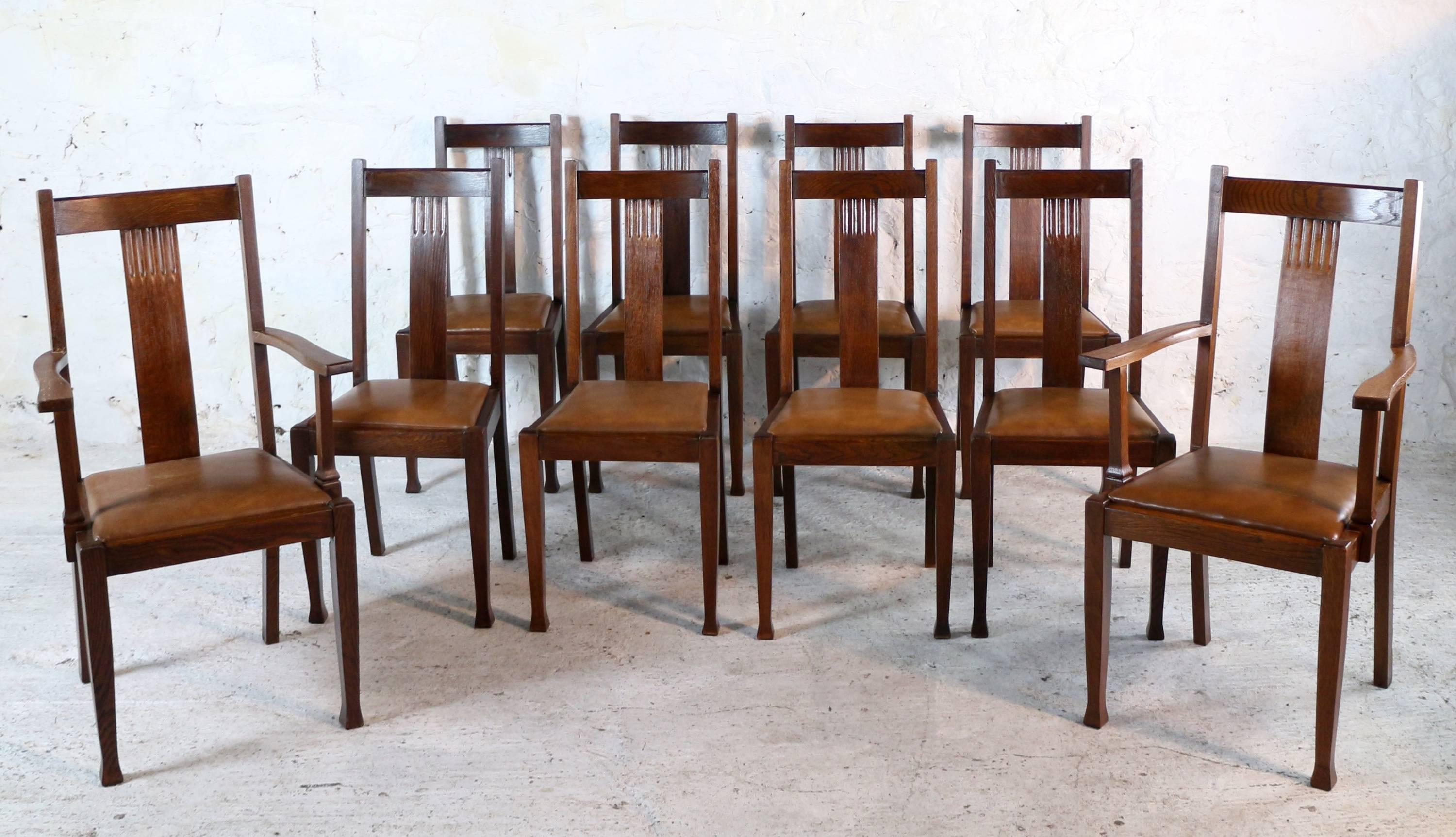 Set of Ten Arts & Crafts Oak Dining Chairs with Leather Seats 3