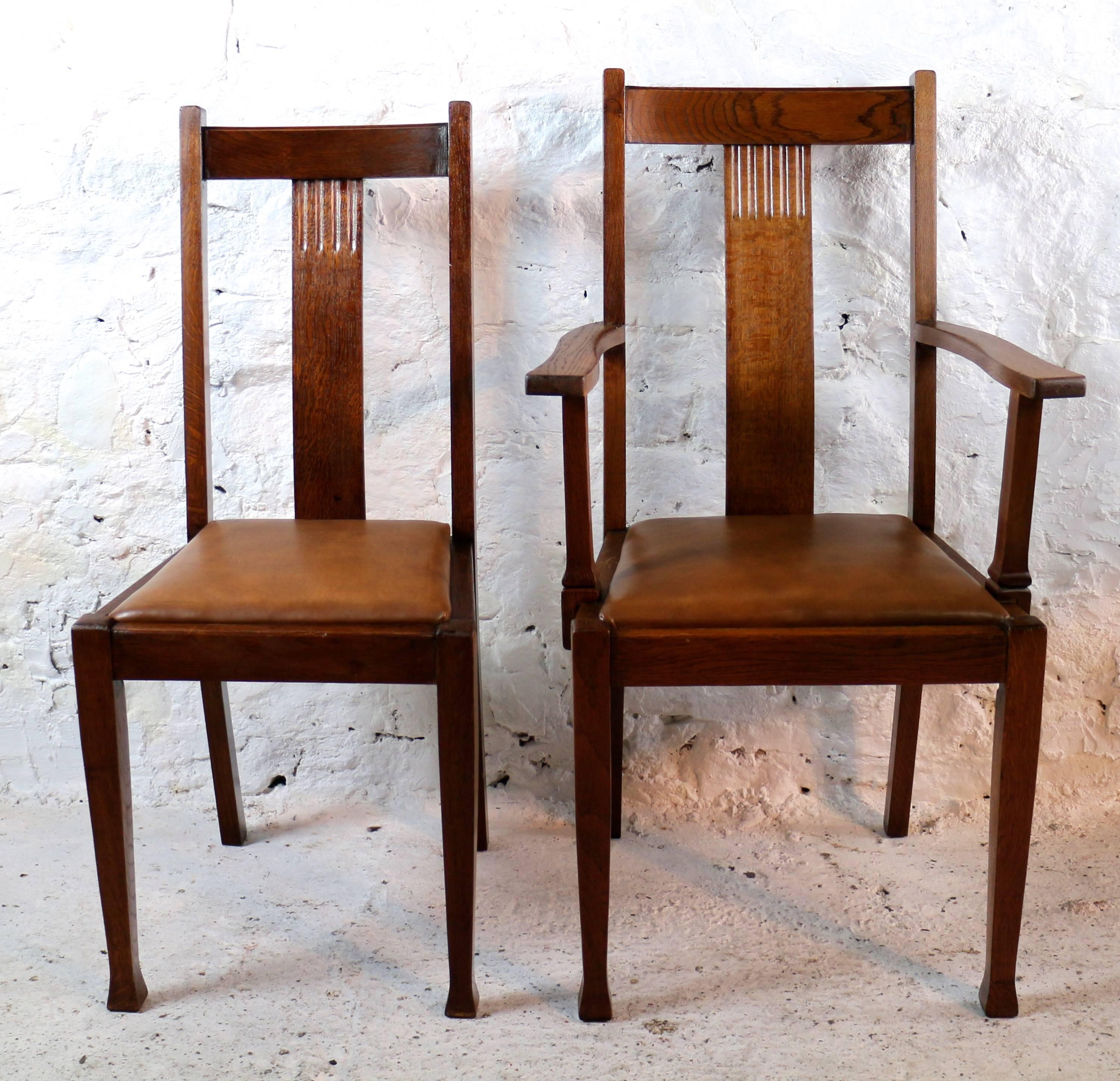 Arts and Crafts Set of Ten Arts & Crafts Oak Dining Chairs with Leather Seats