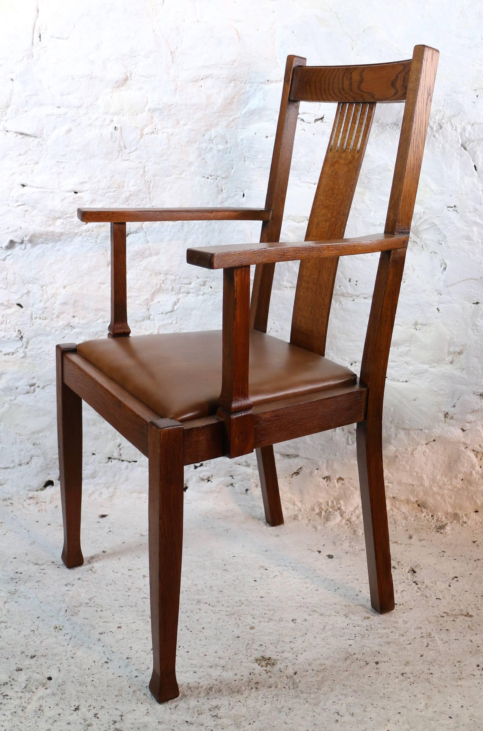 English Set of Ten Arts & Crafts Oak Dining Chairs with Leather Seats