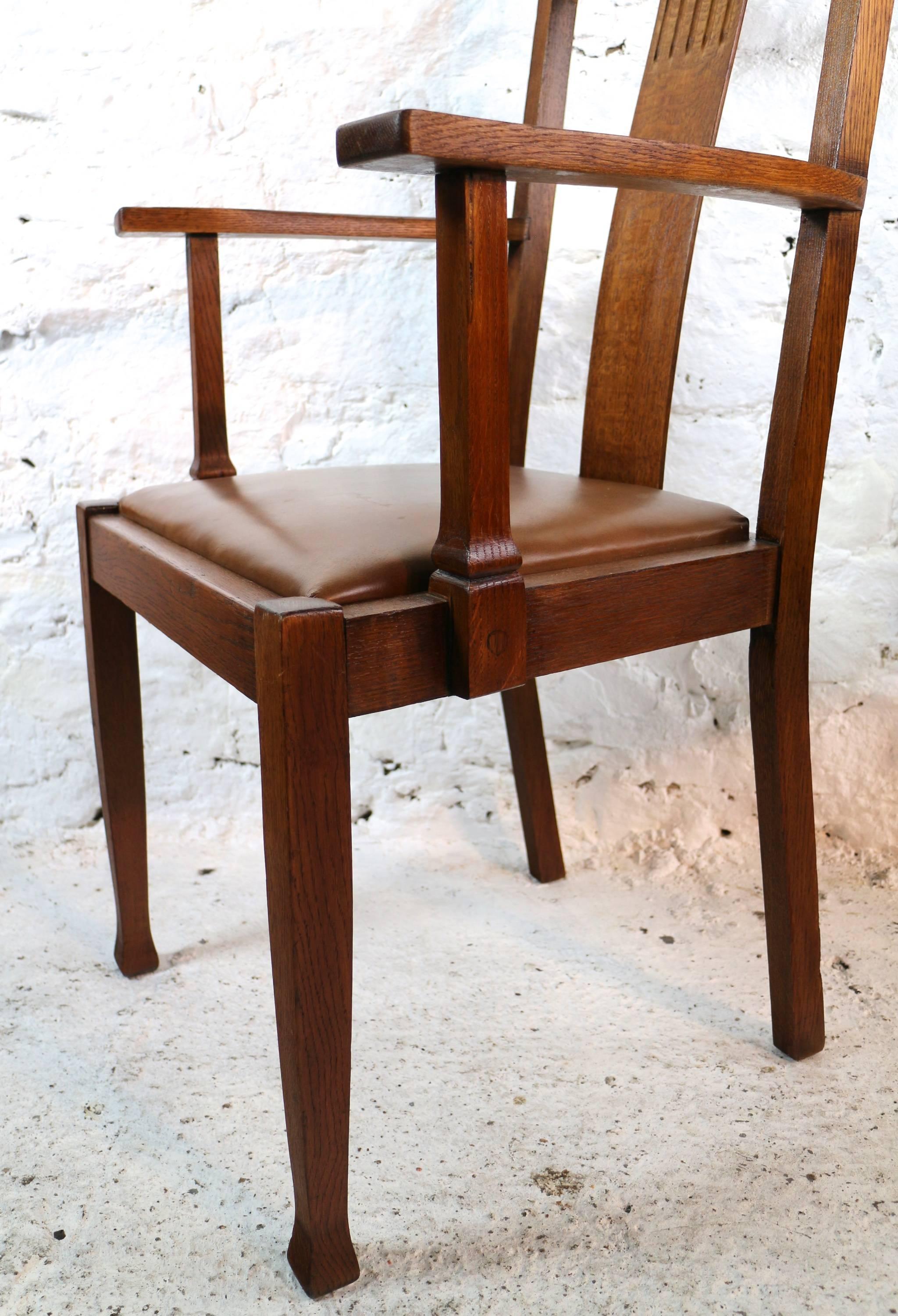 20th Century Set of Ten Arts & Crafts Oak Dining Chairs with Leather Seats