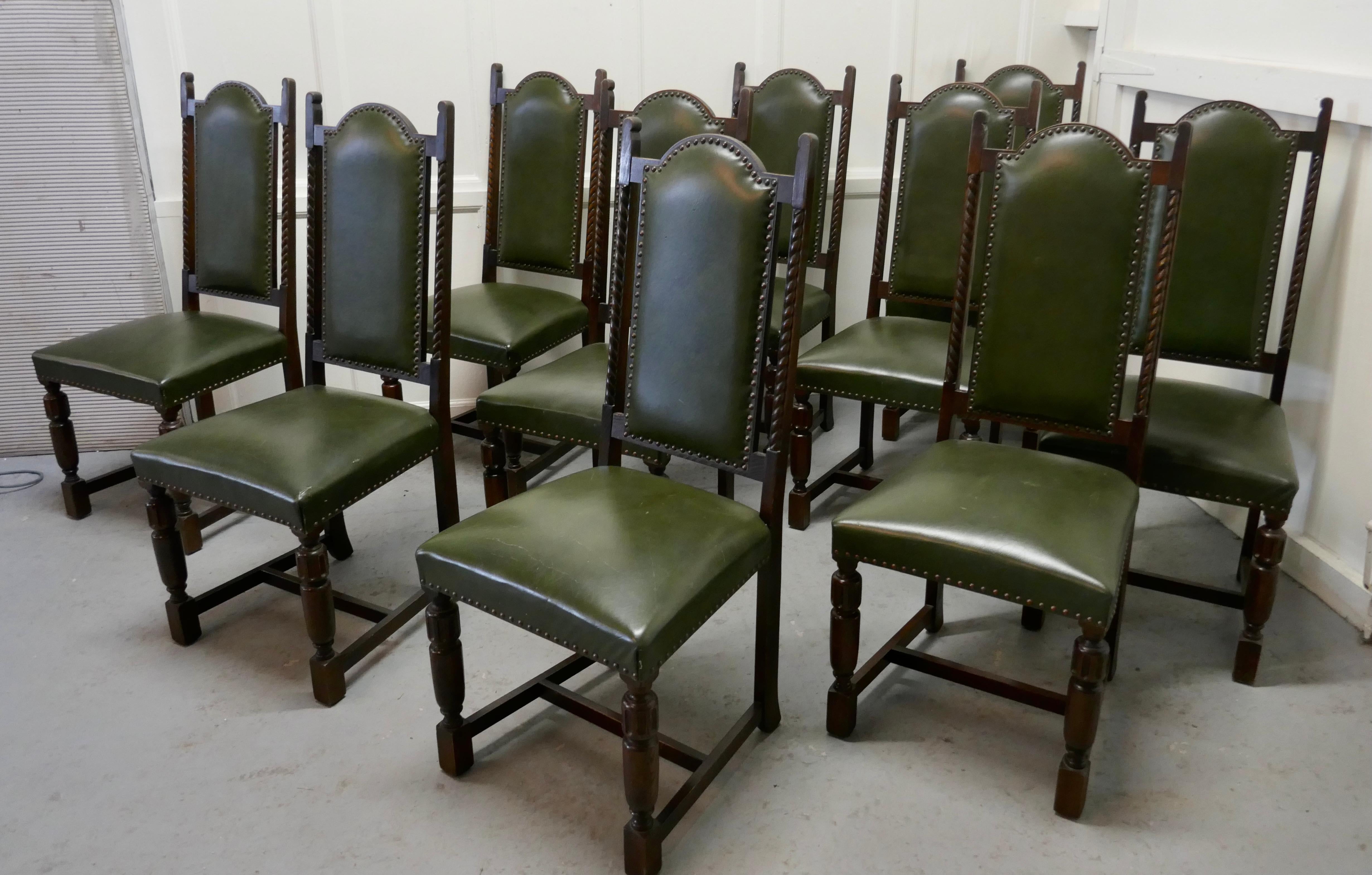 Set of 10 Arts & Crafts Oak and Leather Dining Chairs   1