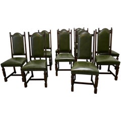Set of 10 Arts & Crafts Oak and Leather Dining Chairs  