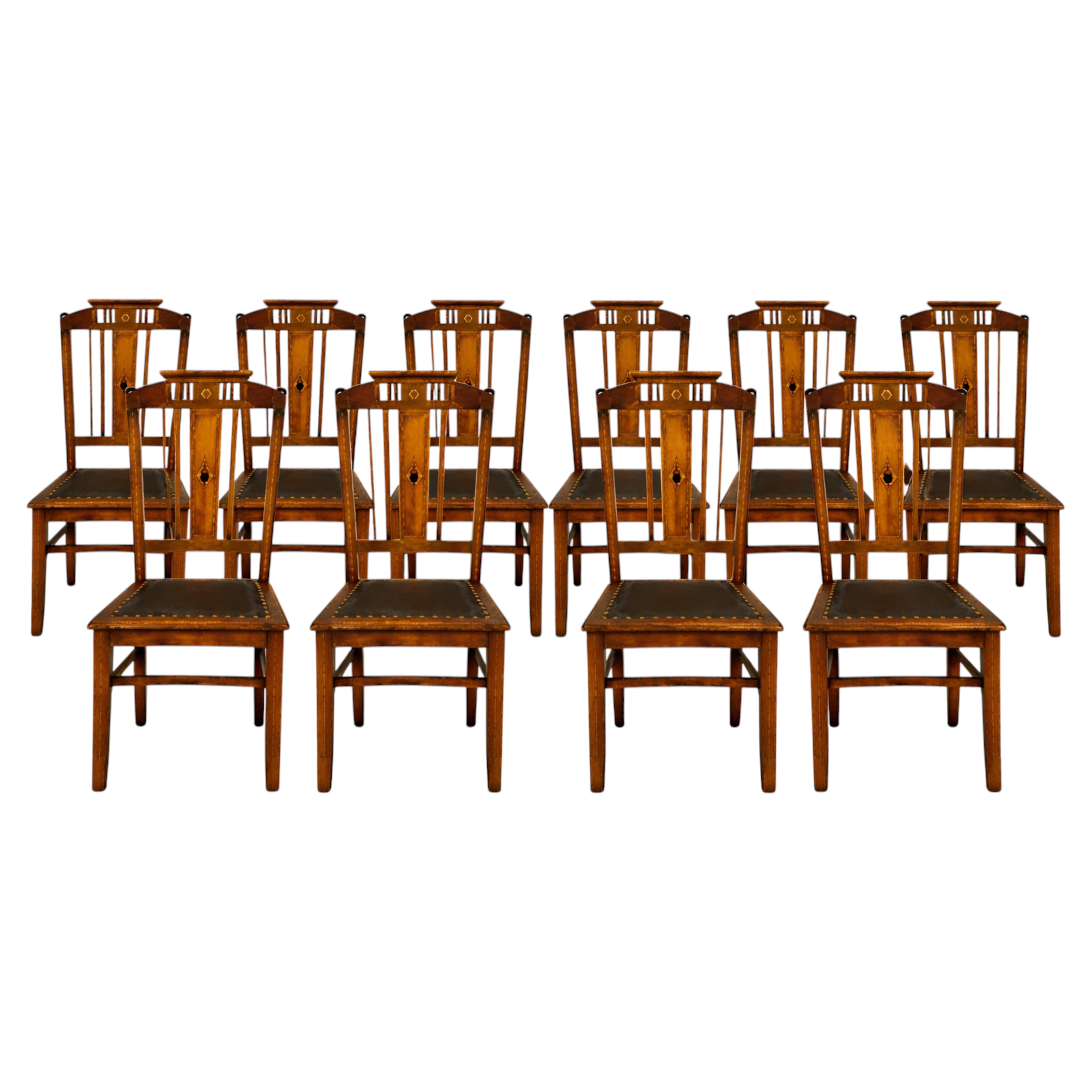 Set of 10 Arts & Crafts Oak Dining Chairs with Leather Seats, 20th Century