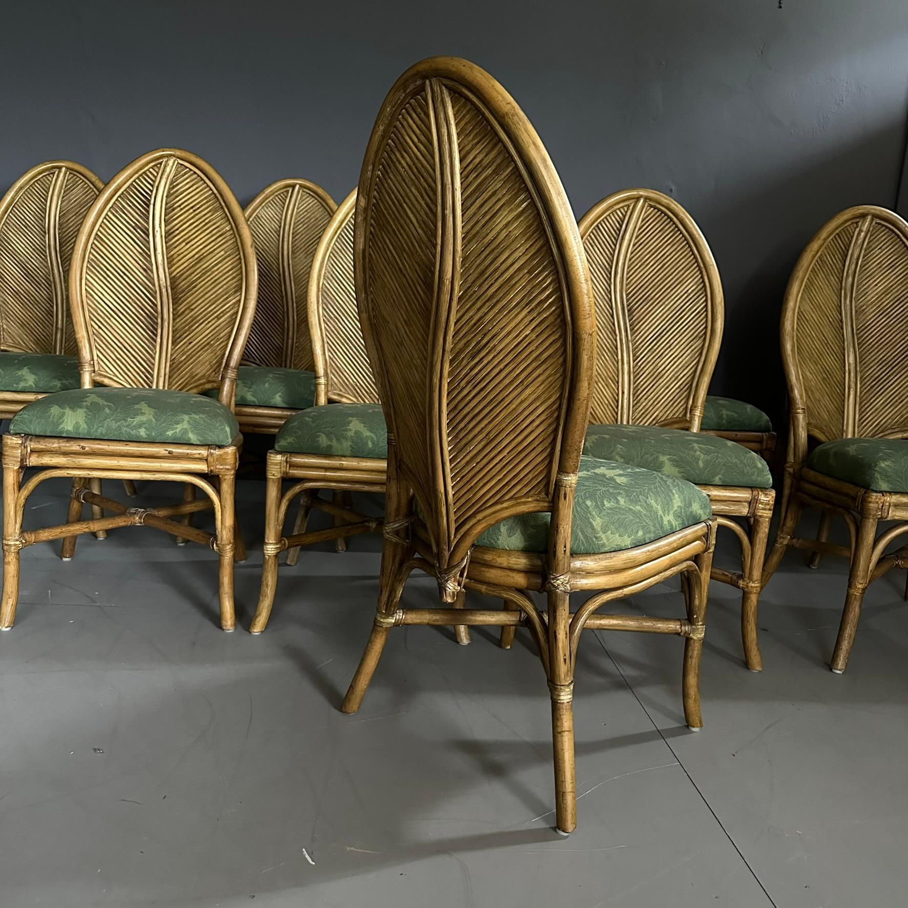 Fabric Set of 10 bamboo chairs, 70s leaf backrest, Neocolonial style For Sale
