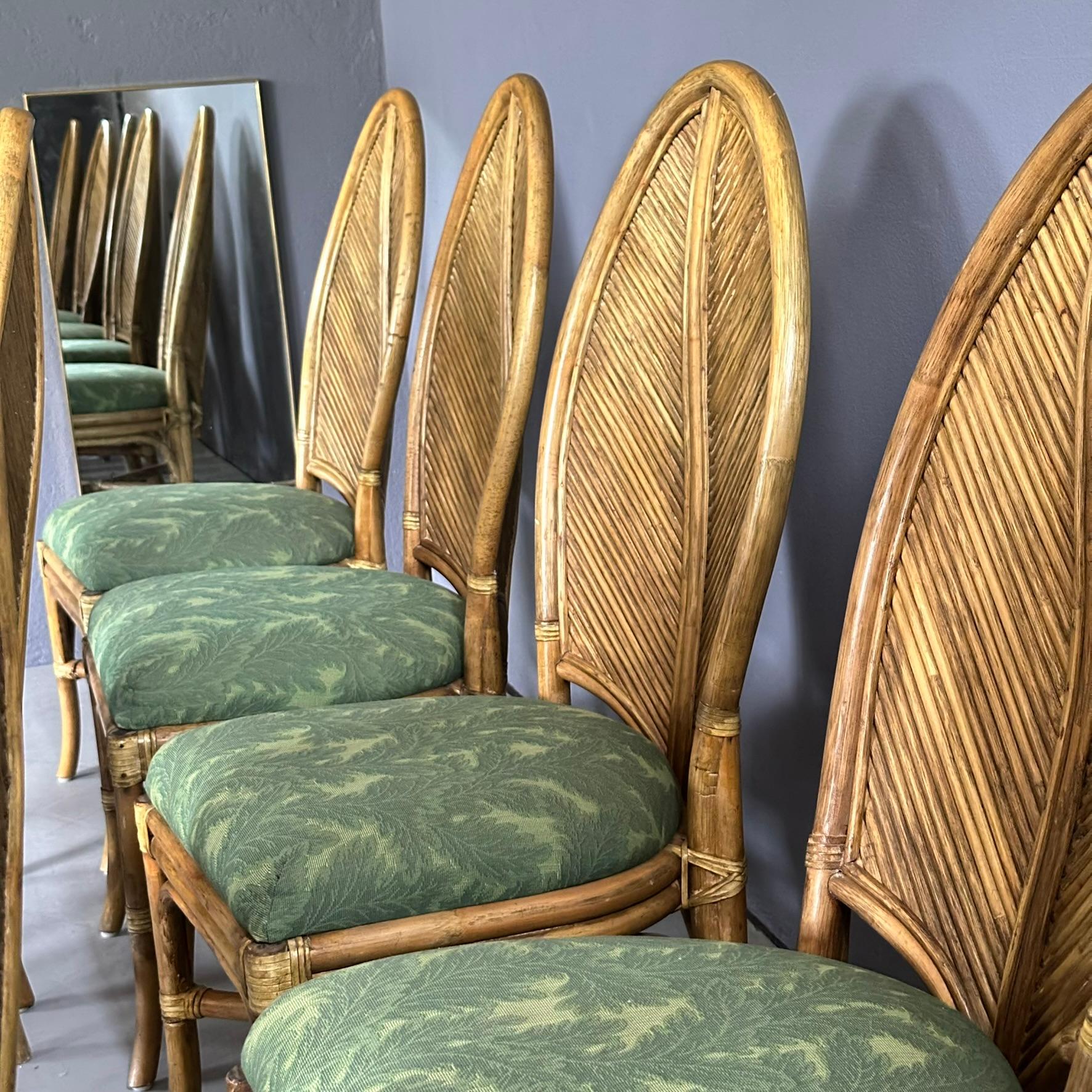 Set of 10 bamboo chairs, 70s leaf backrest, Neocolonial style For Sale 2