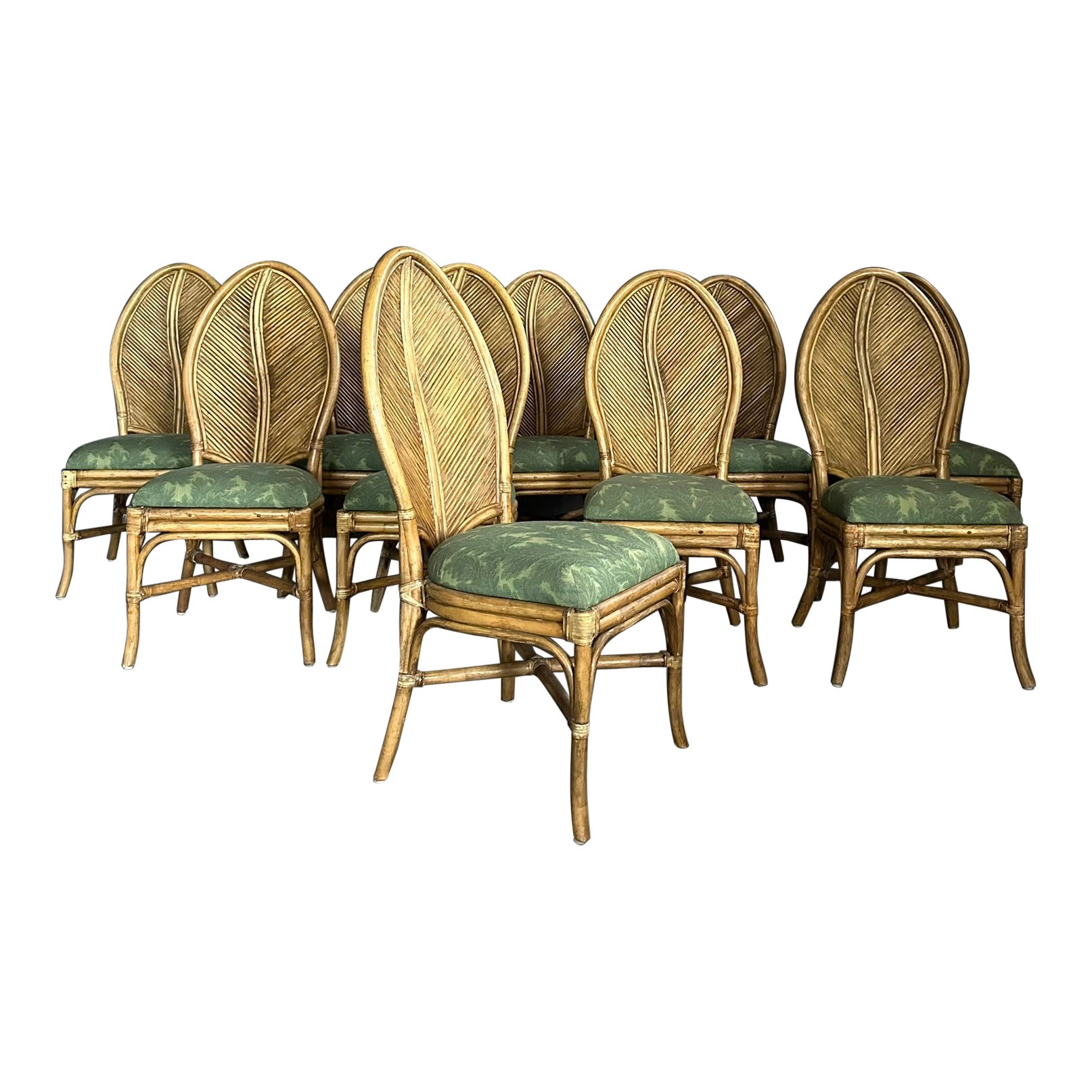 Set of 10 bamboo chairs, 70s leaf backrest, Neocolonial style